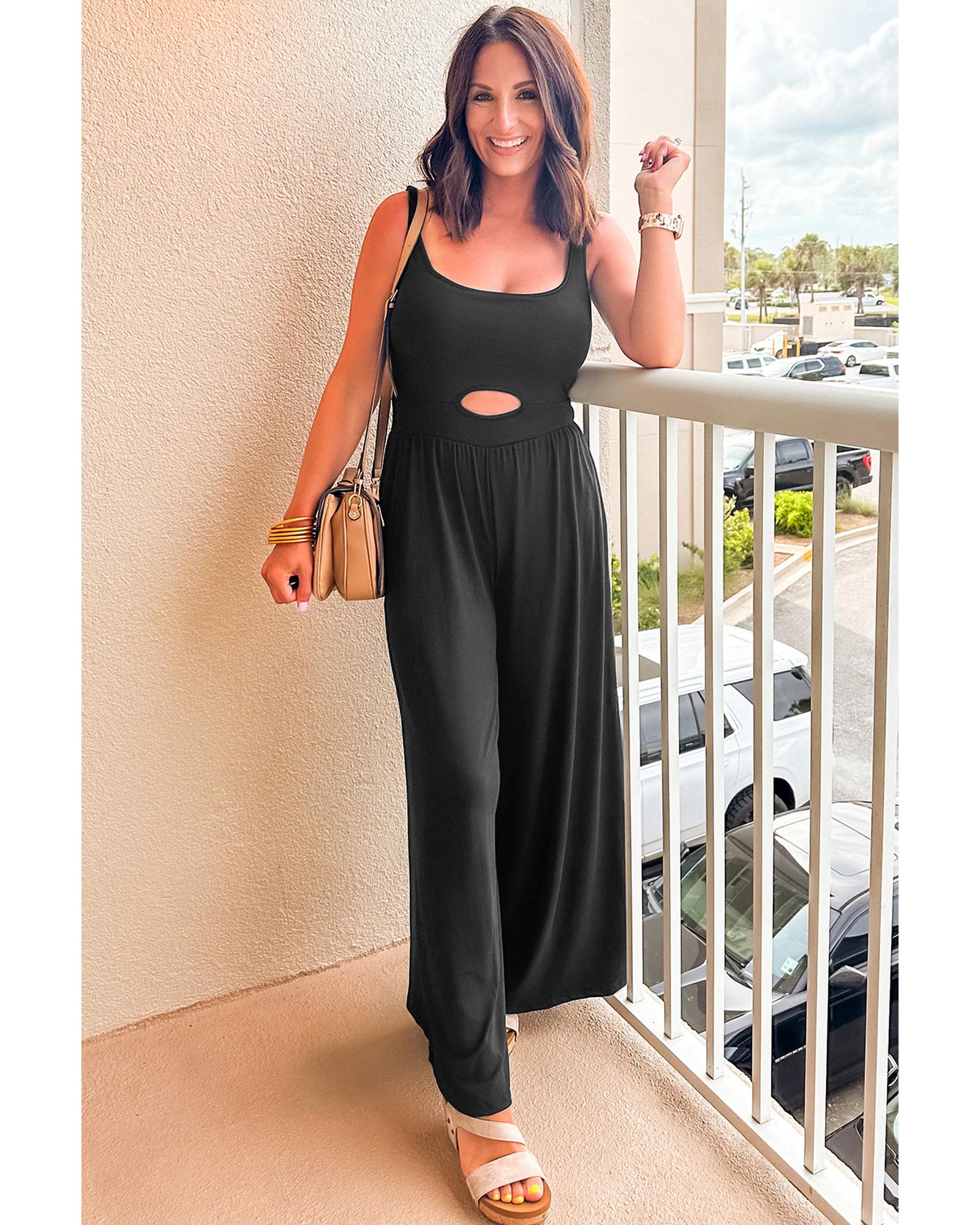 Black Peekaboo Wide Leg Square Neck Sleeveless Jumpsuit - M 3