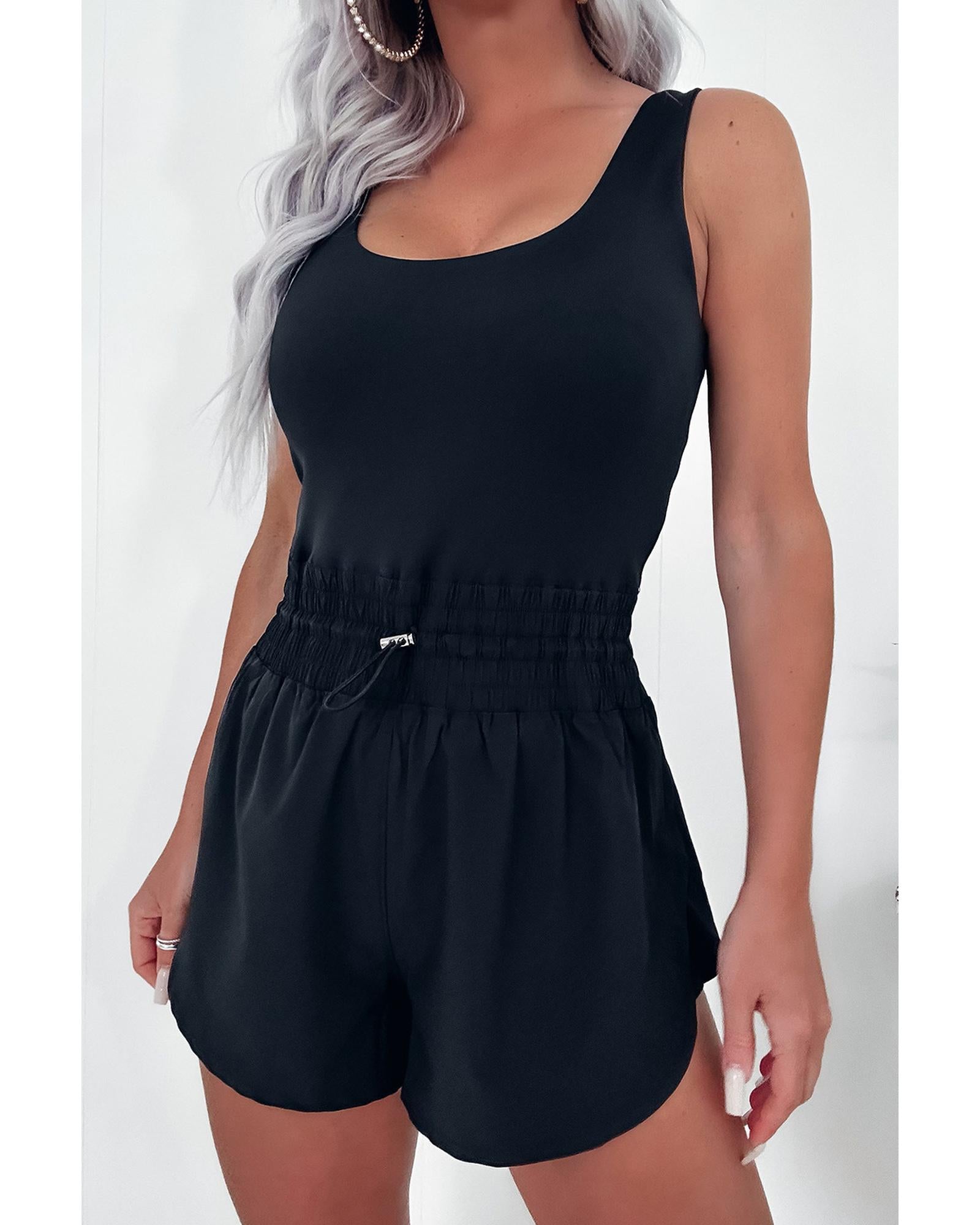 Black Plain Sleeveless Loop Drawstring Cinched Waist Romper - L