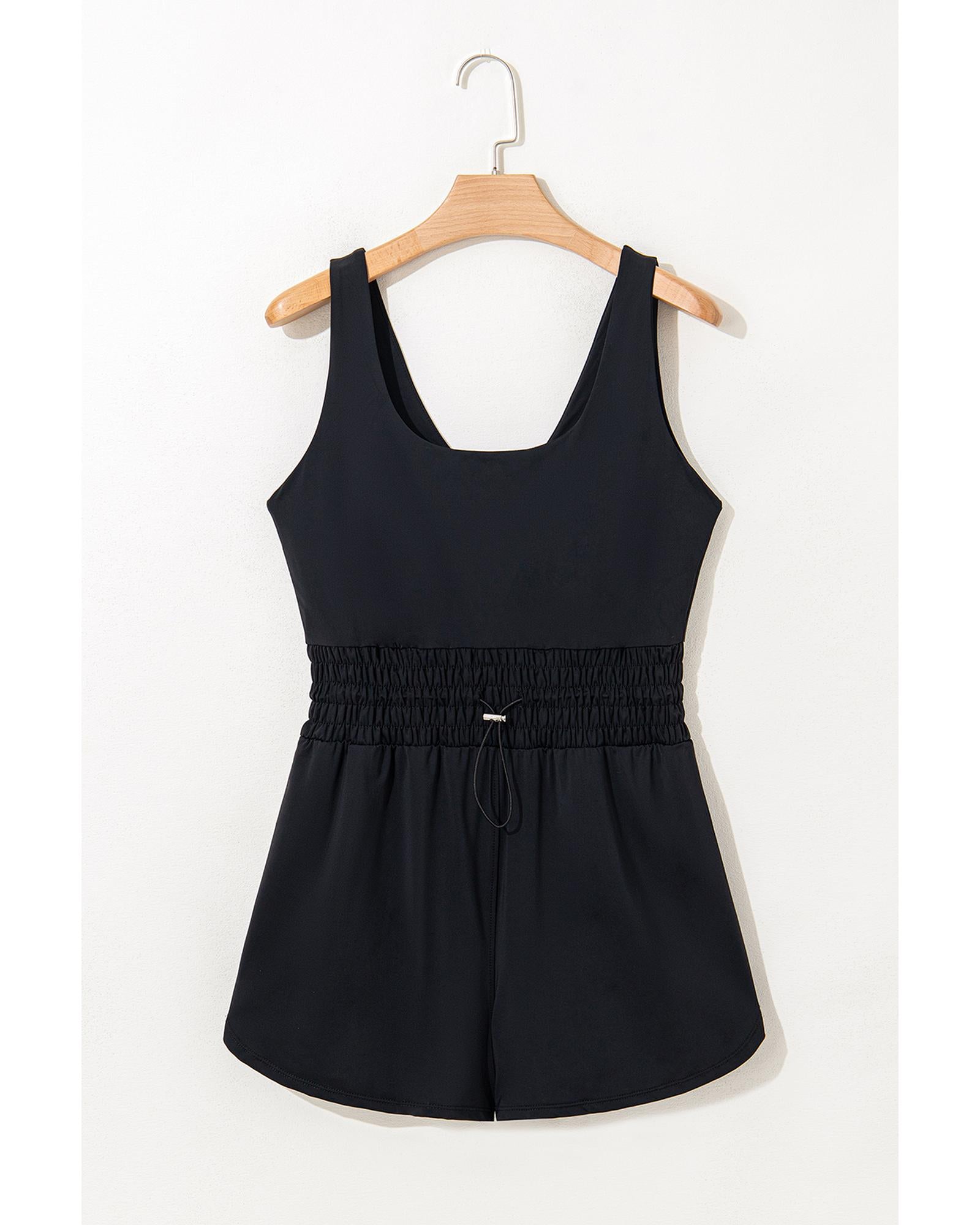 Black Plain Sleeveless Loop Drawstring Cinched Waist Romper - L 3