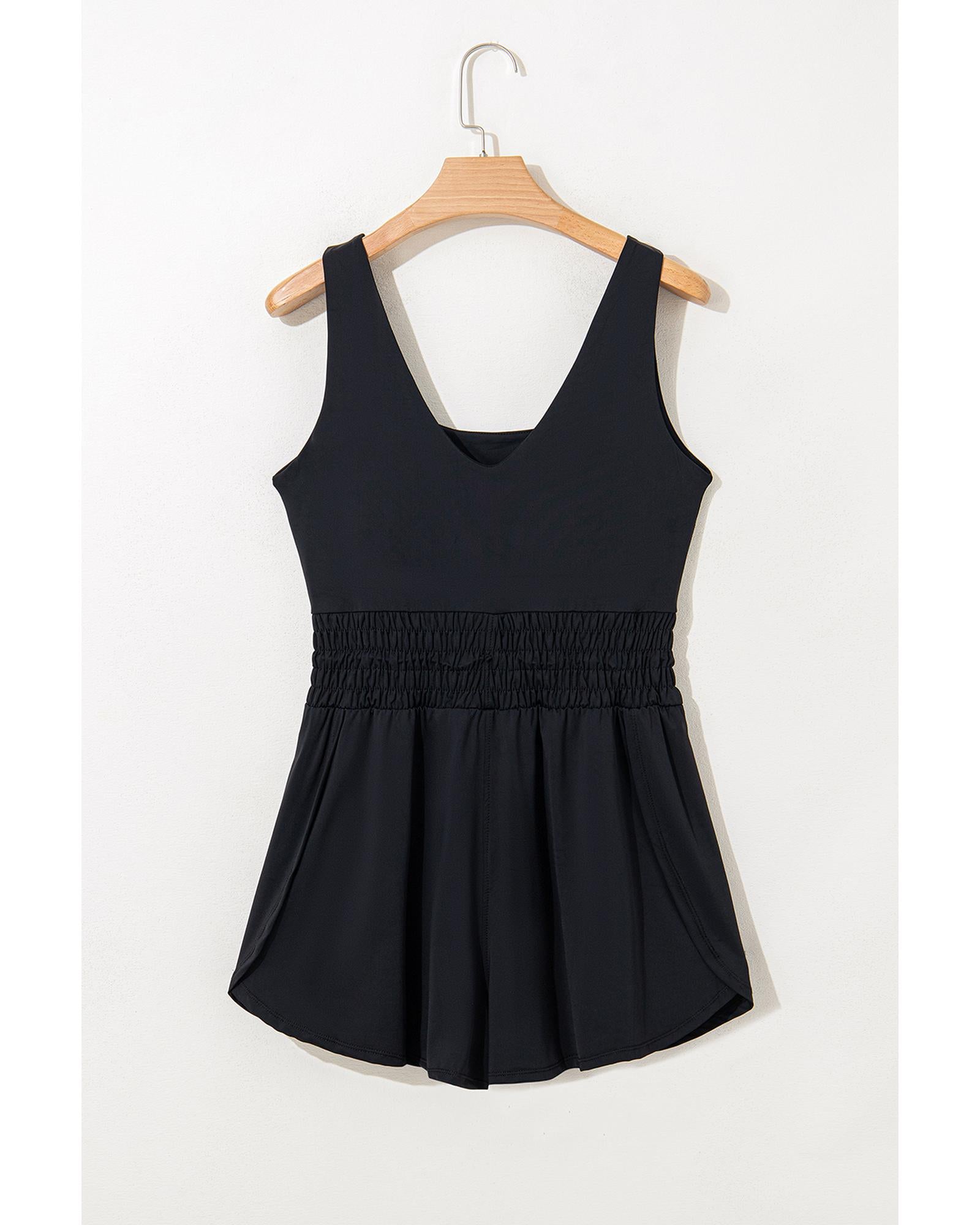 Black Plain Sleeveless Loop Drawstring Cinched Waist Romper - L 4