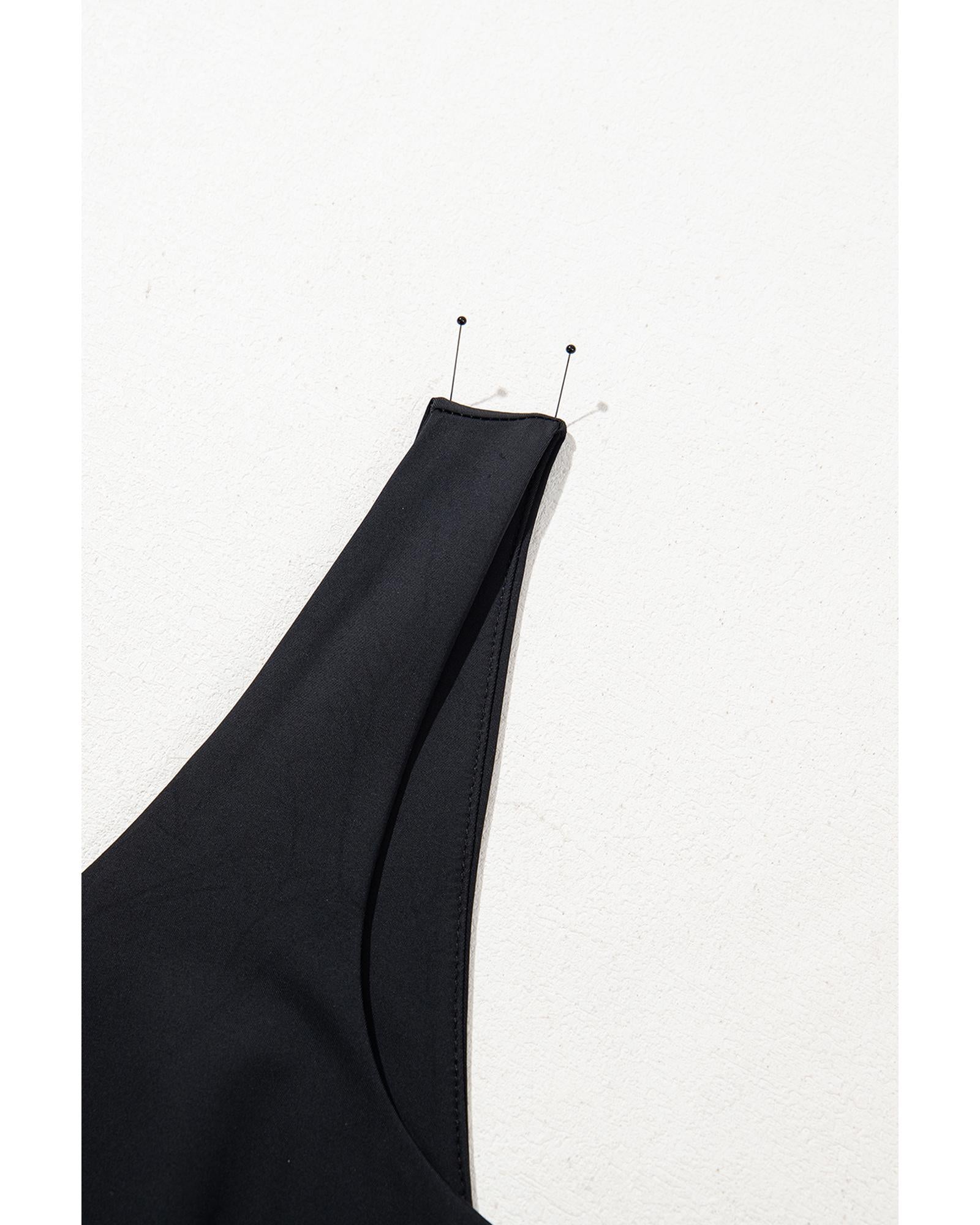 Black Plain Sleeveless Loop Drawstring Cinched Waist Romper - L 7