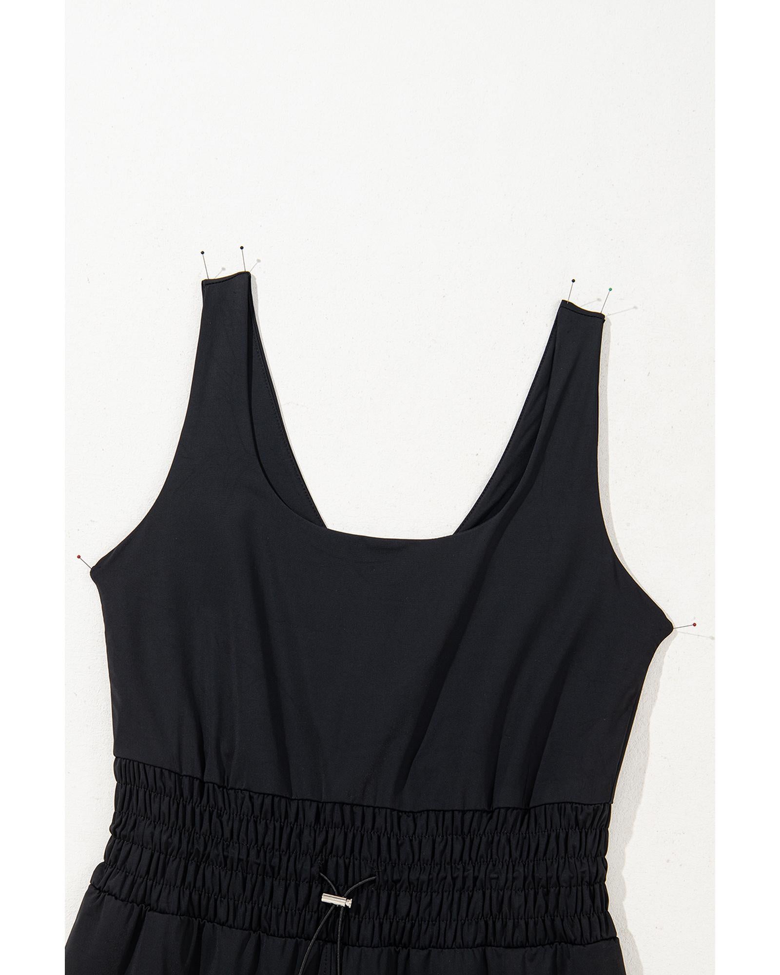 Black Plain Sleeveless Loop Drawstring Cinched Waist Romper - L 8
