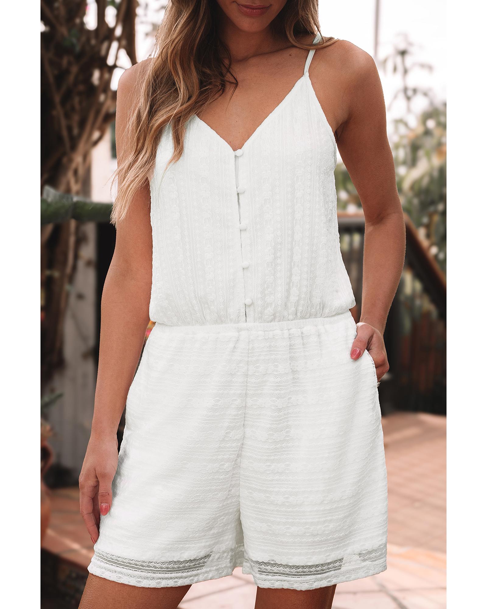 White Lace Spaghetti Strap V Neck Loose Fit Romper - L 6