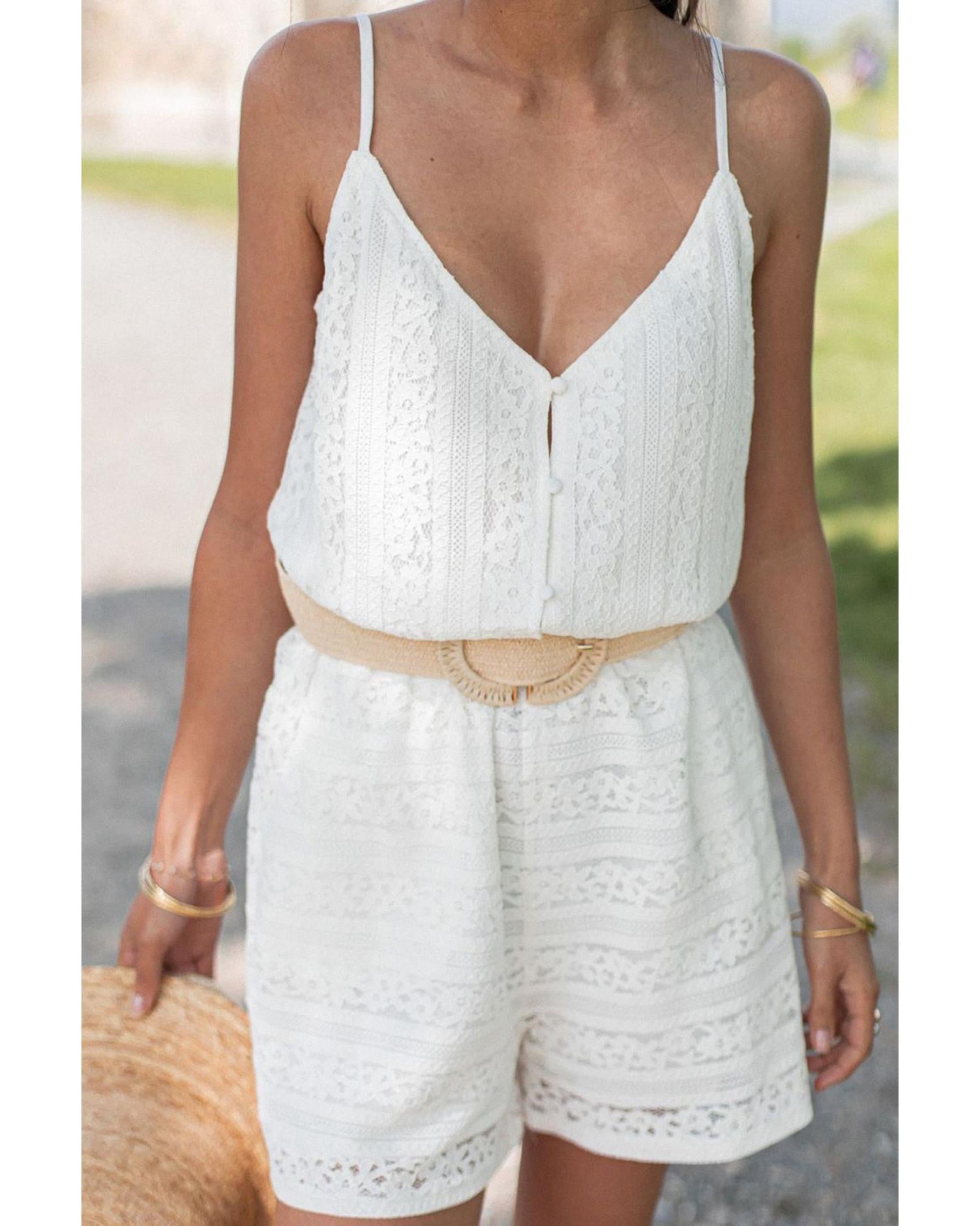 White Lace Spaghetti Strap V Neck Loose Fit Romper - L 7