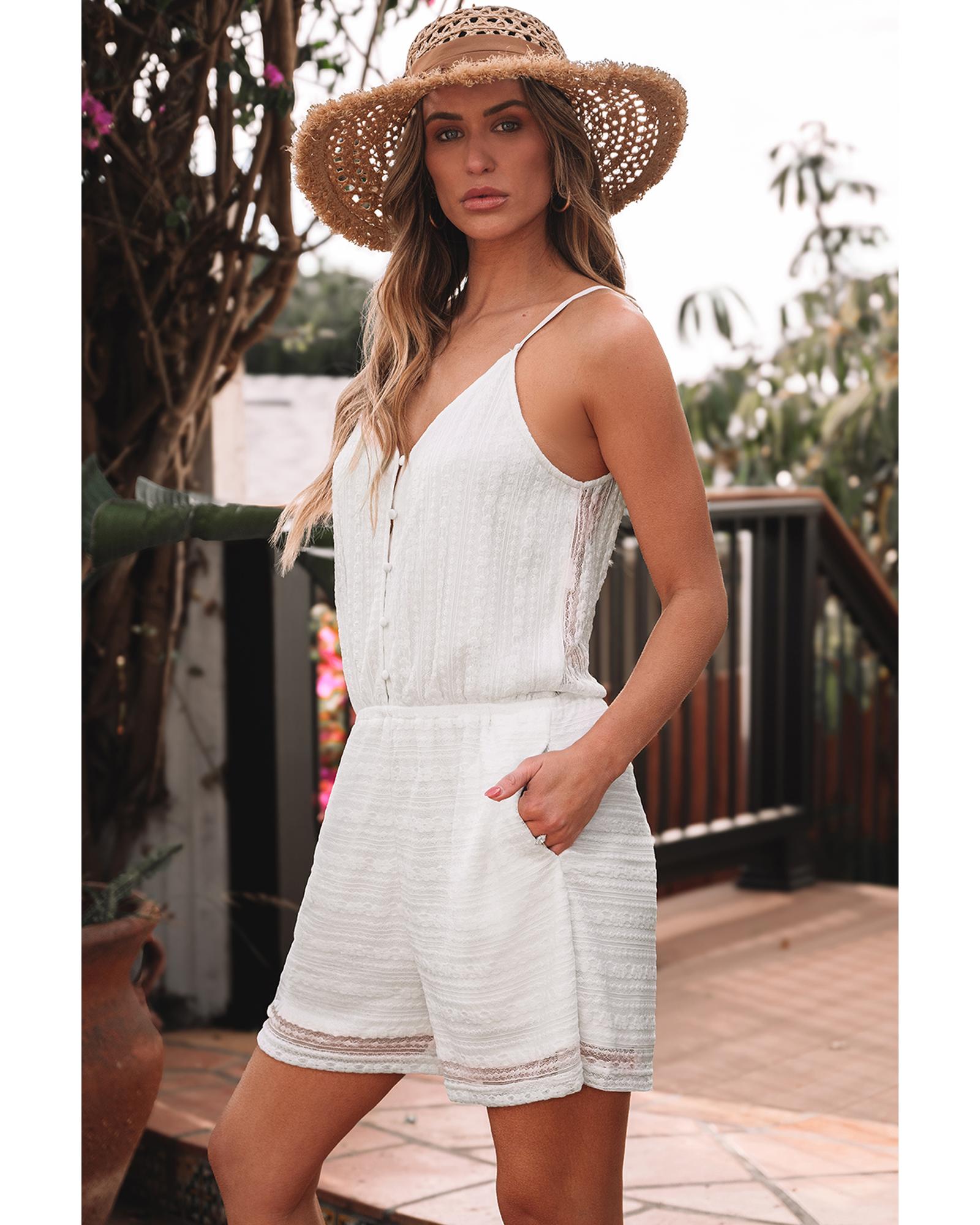 White Lace Spaghetti Strap V Neck Loose Fit Romper - S 3
