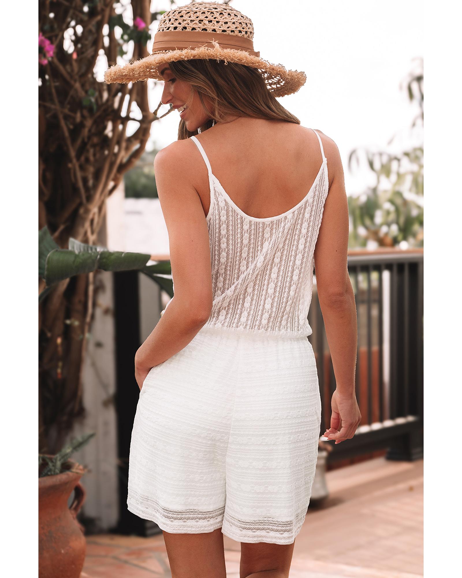White Lace Spaghetti Strap V Neck Loose Fit Romper - S 4