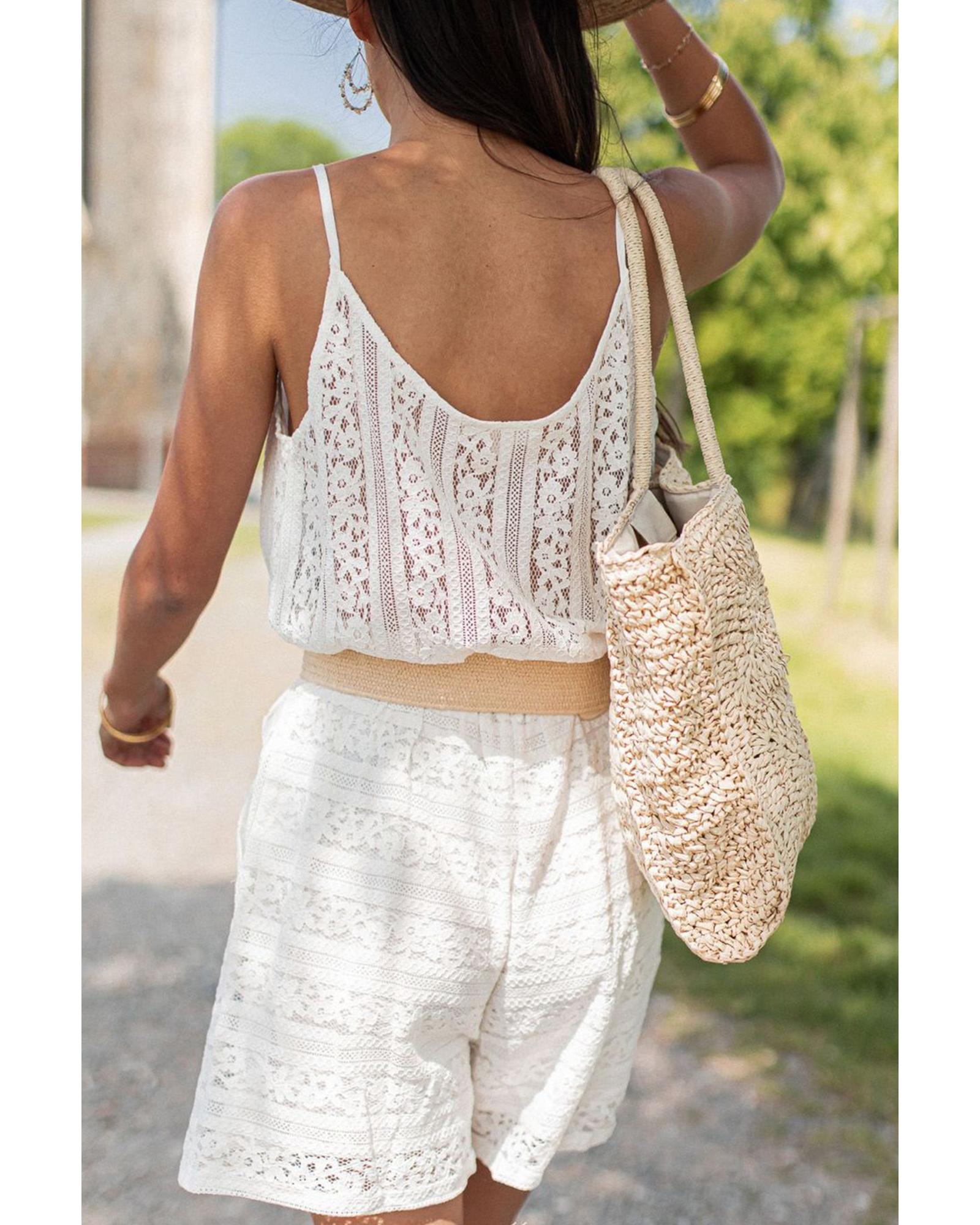White Lace Spaghetti Strap V Neck Loose Fit Romper - S 8