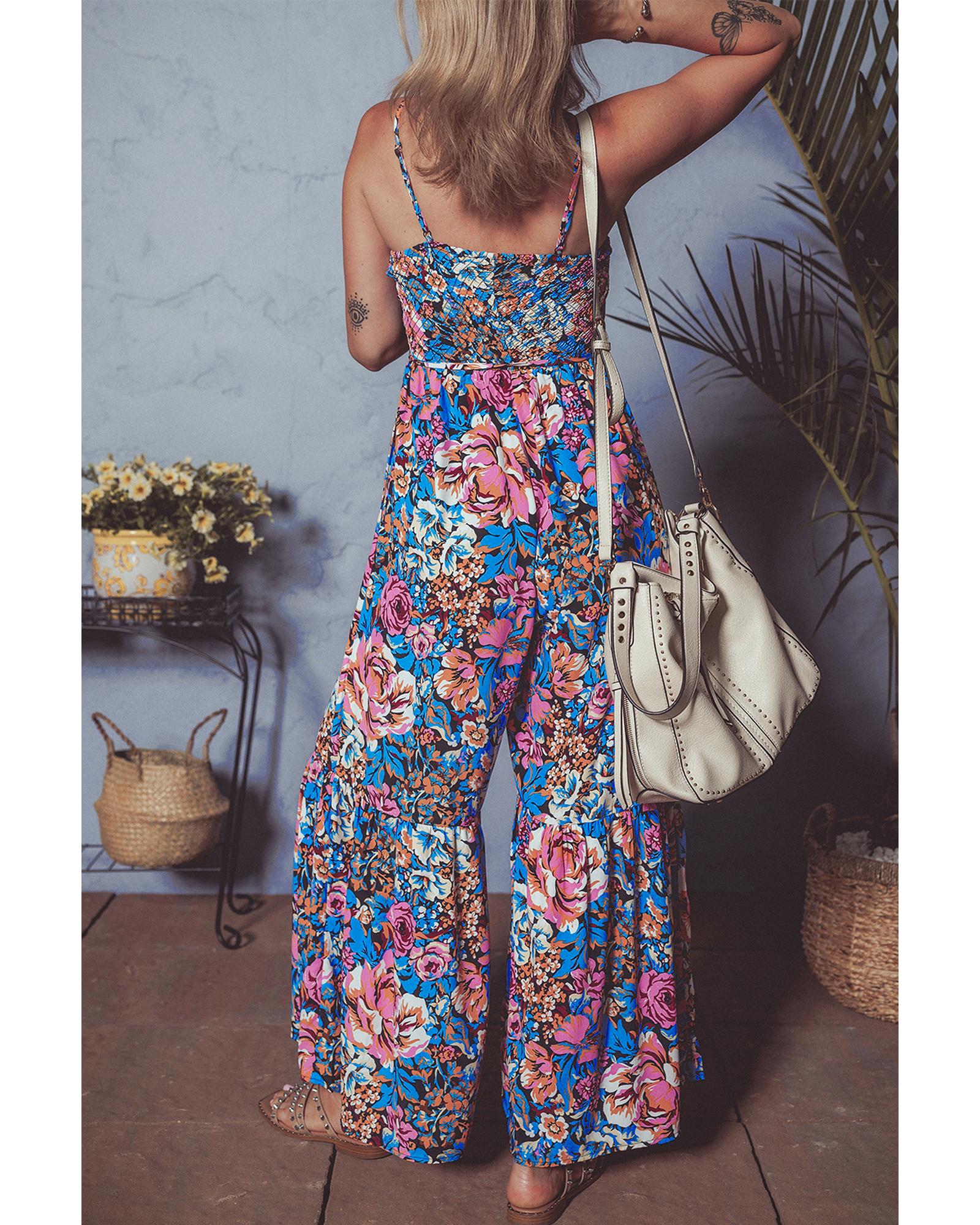 Pink Floral Smocked Bust Spaghetti Straps Wide Leg Jumpsuit - L