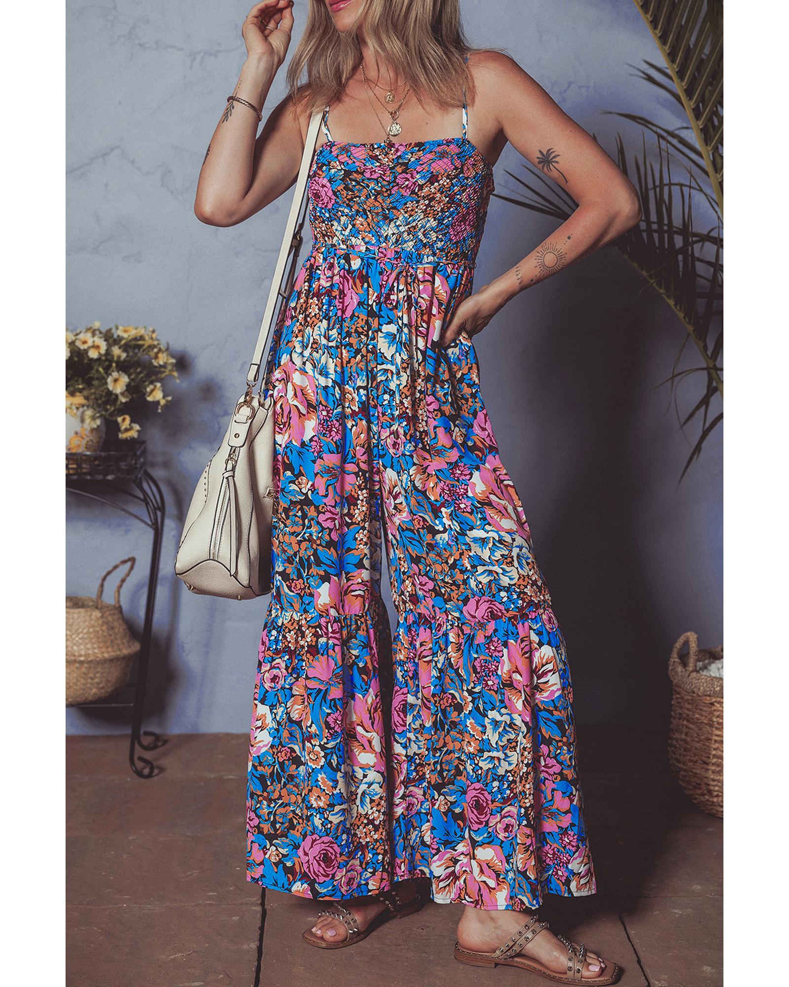 Pink Floral Smocked Bust Spaghetti Straps Wide Leg Jumpsuit - M