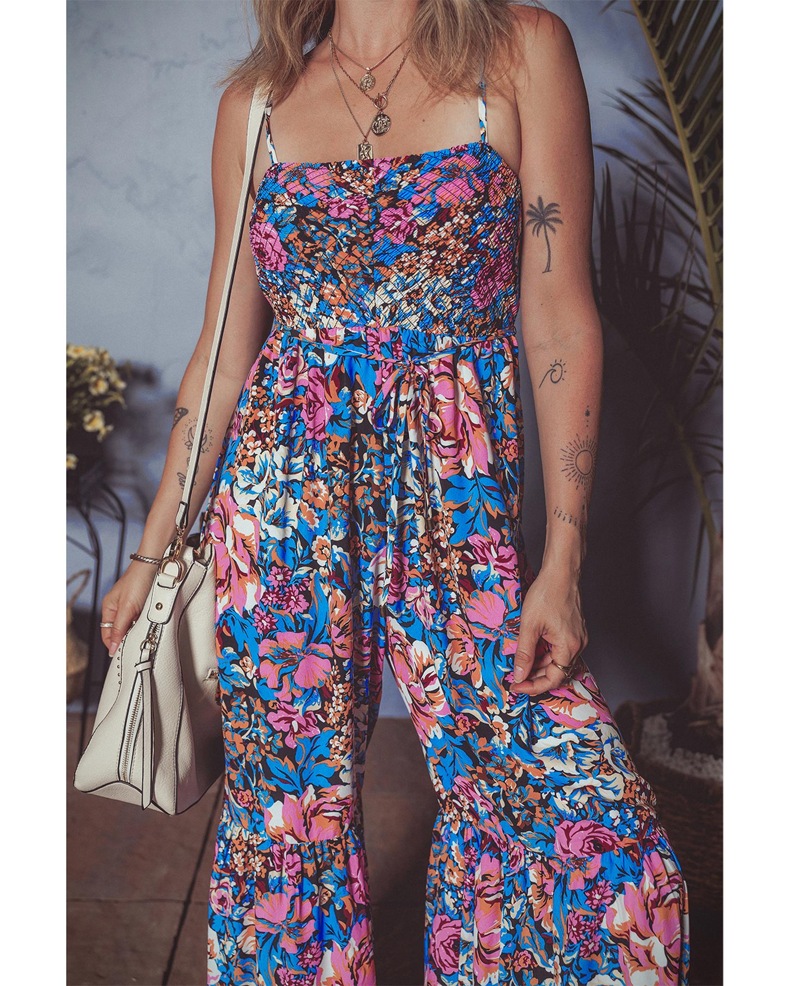 Pink Floral Smocked Bust Spaghetti Straps Wide Leg Jumpsuit - M 4