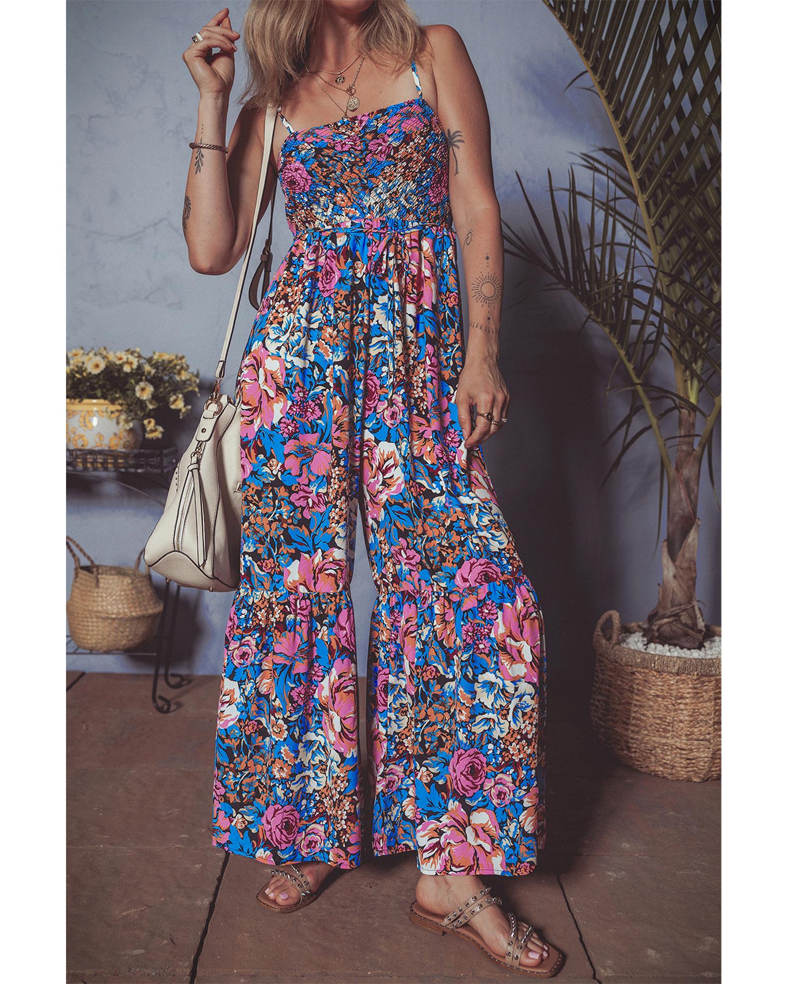 Pink Floral Smocked Bust Spaghetti Straps Wide Leg Jumpsuit - M 7