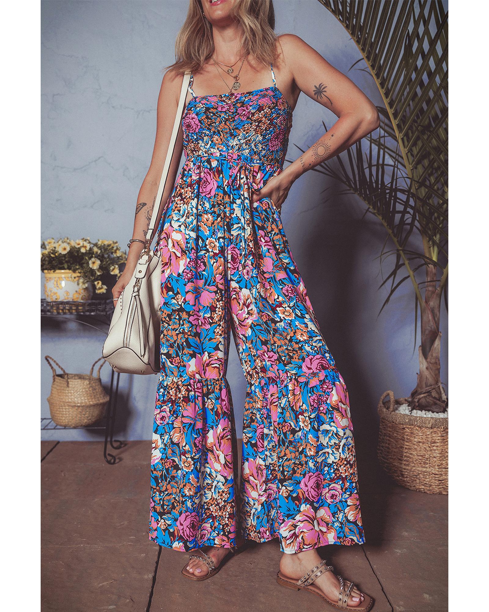 Pink Floral Smocked Bust Spaghetti Straps Wide Leg Jumpsuit - M 8
