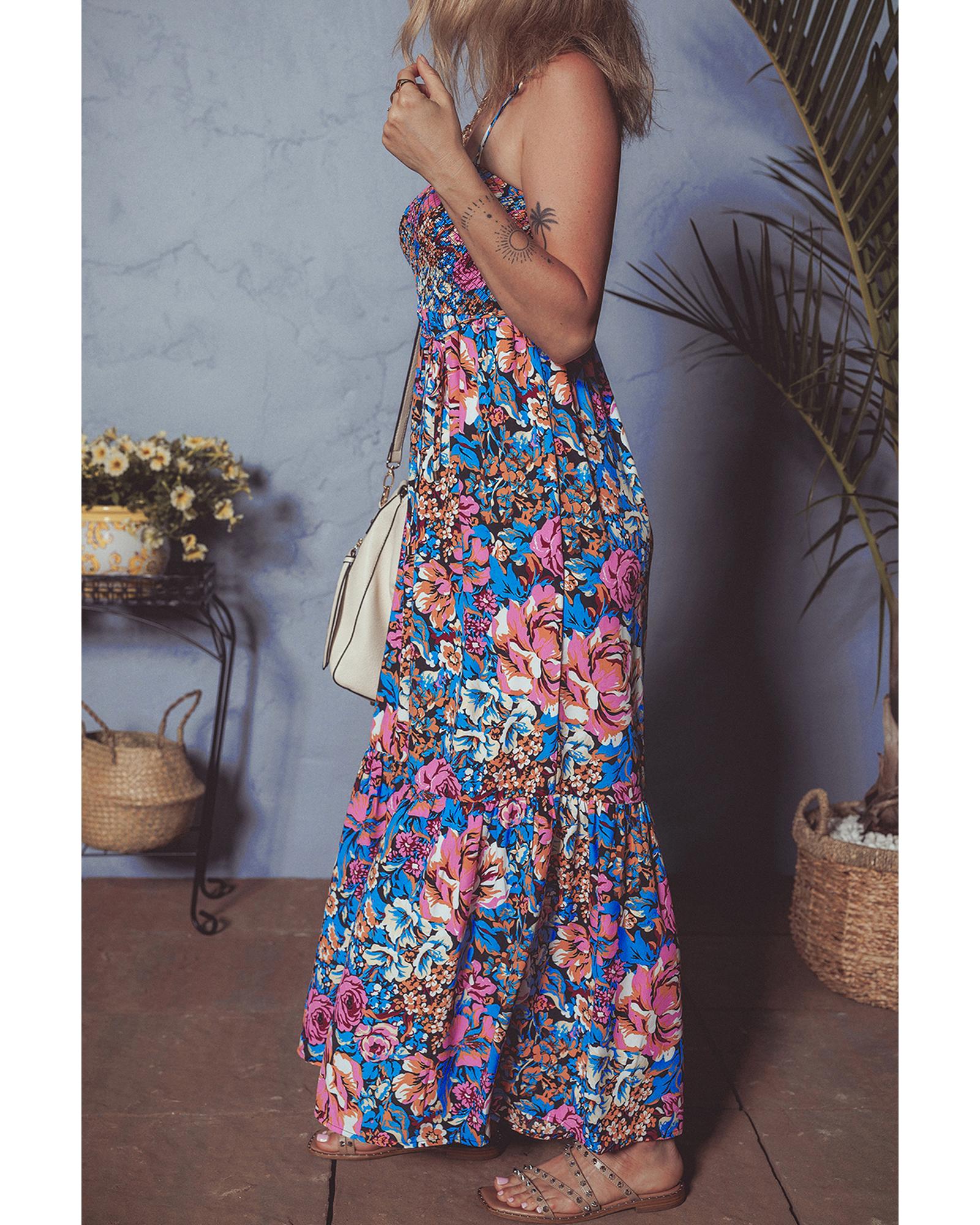 Pink Floral Smocked Bust Spaghetti Straps Wide Leg Jumpsuit - S 3