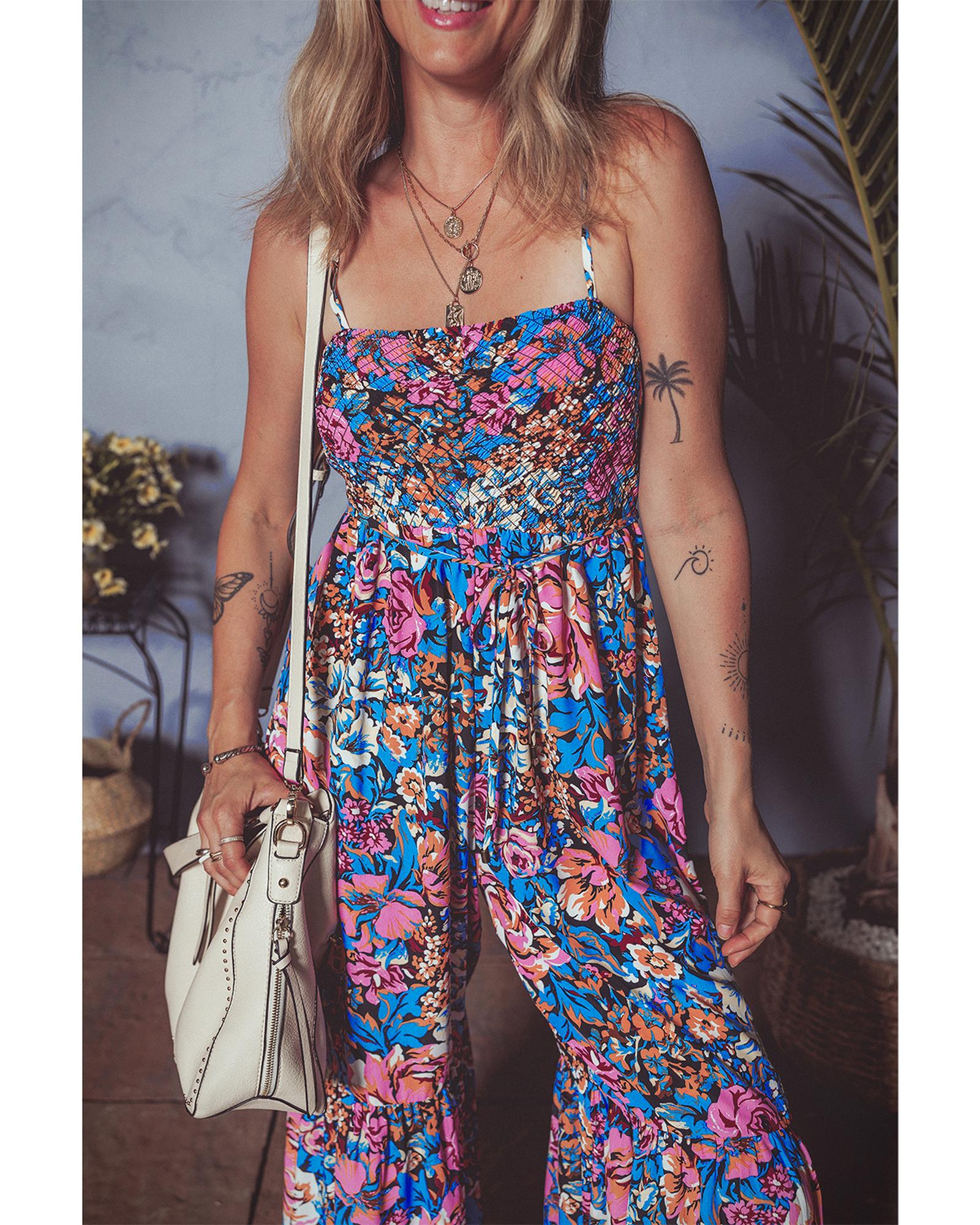 Pink Floral Smocked Bust Spaghetti Straps Wide Leg Jumpsuit - XL 4