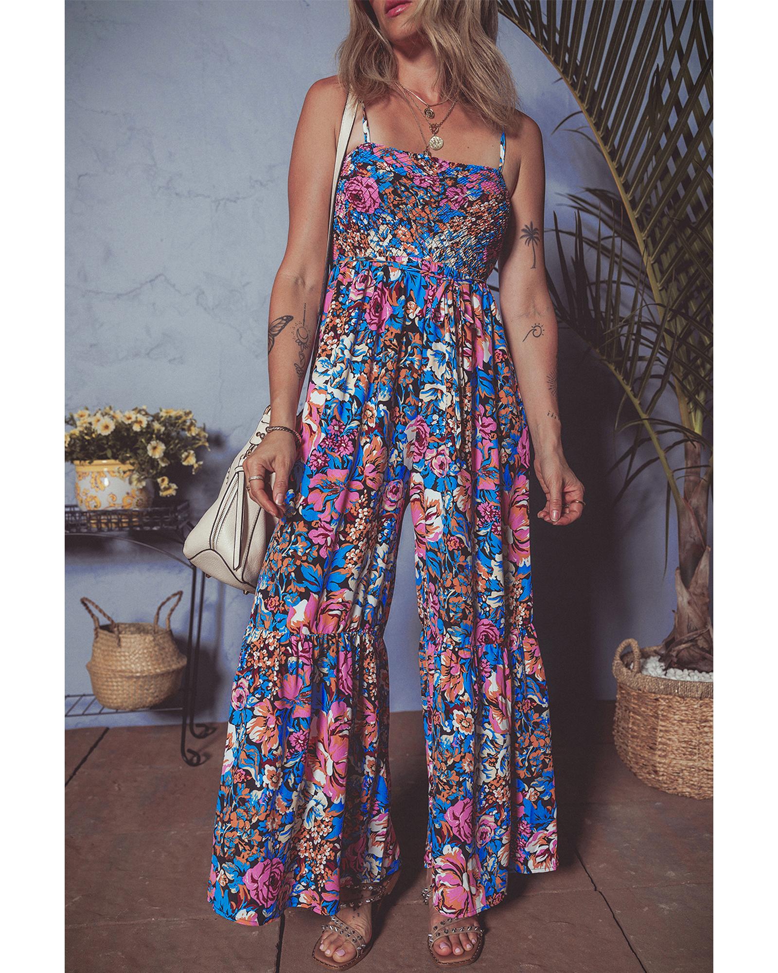 Pink Floral Smocked Bust Spaghetti Straps Wide Leg Jumpsuit - XL 5