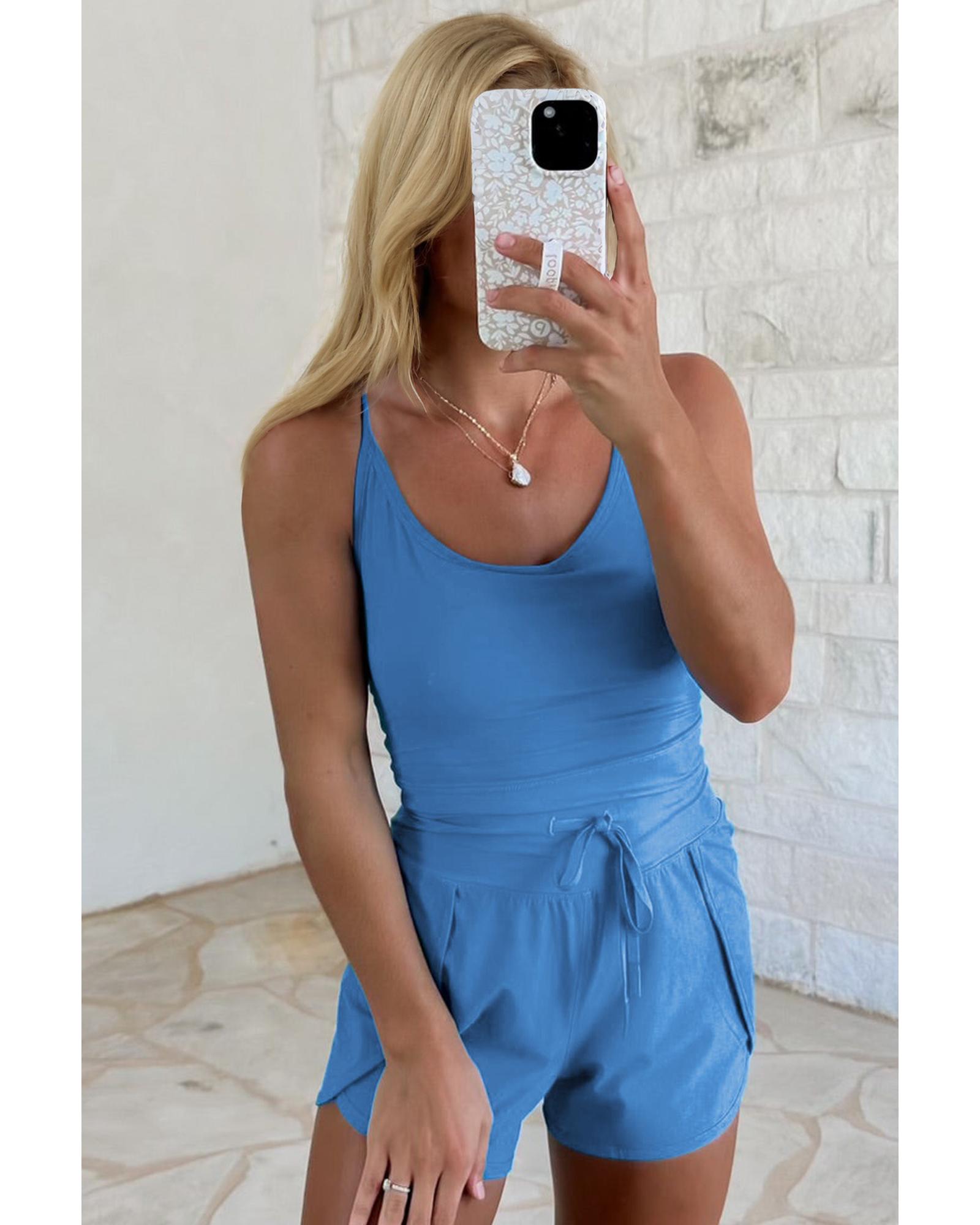 Blue Crossed Spaghetti Straps Drawstring Waist Sporty Romper - L 3