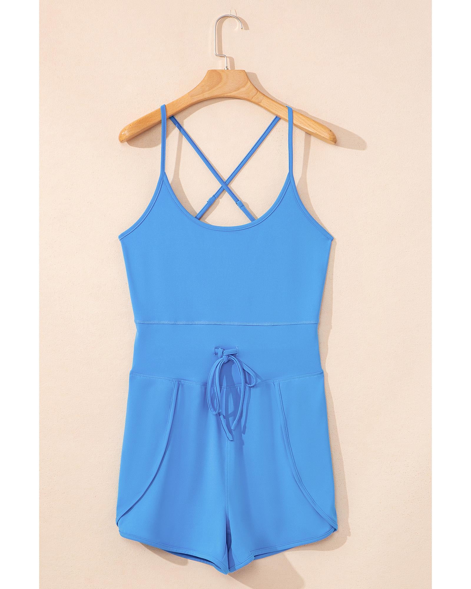 Blue Crossed Spaghetti Straps Drawstring Waist Sporty Romper - XL 4
