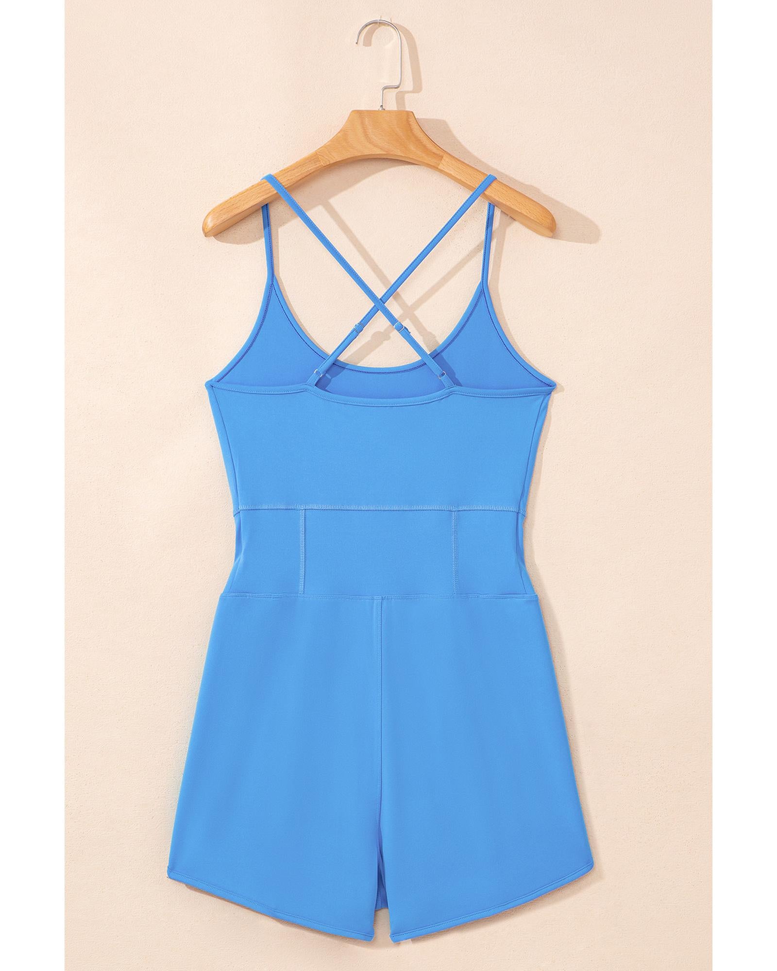 Blue Crossed Spaghetti Straps Drawstring Waist Sporty Romper - XL 5