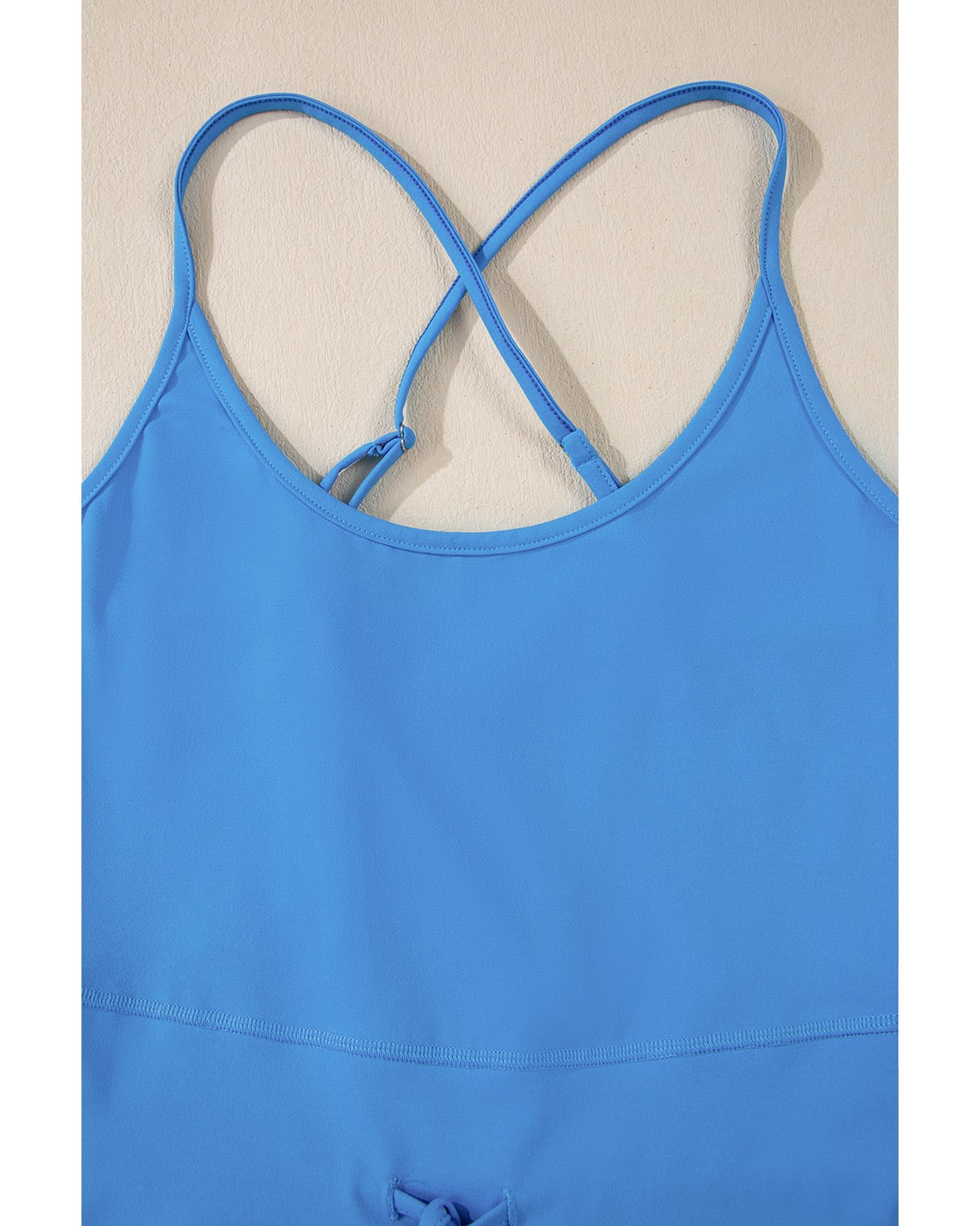 Blue Crossed Spaghetti Straps Drawstring Waist Sporty Romper - XL 6
