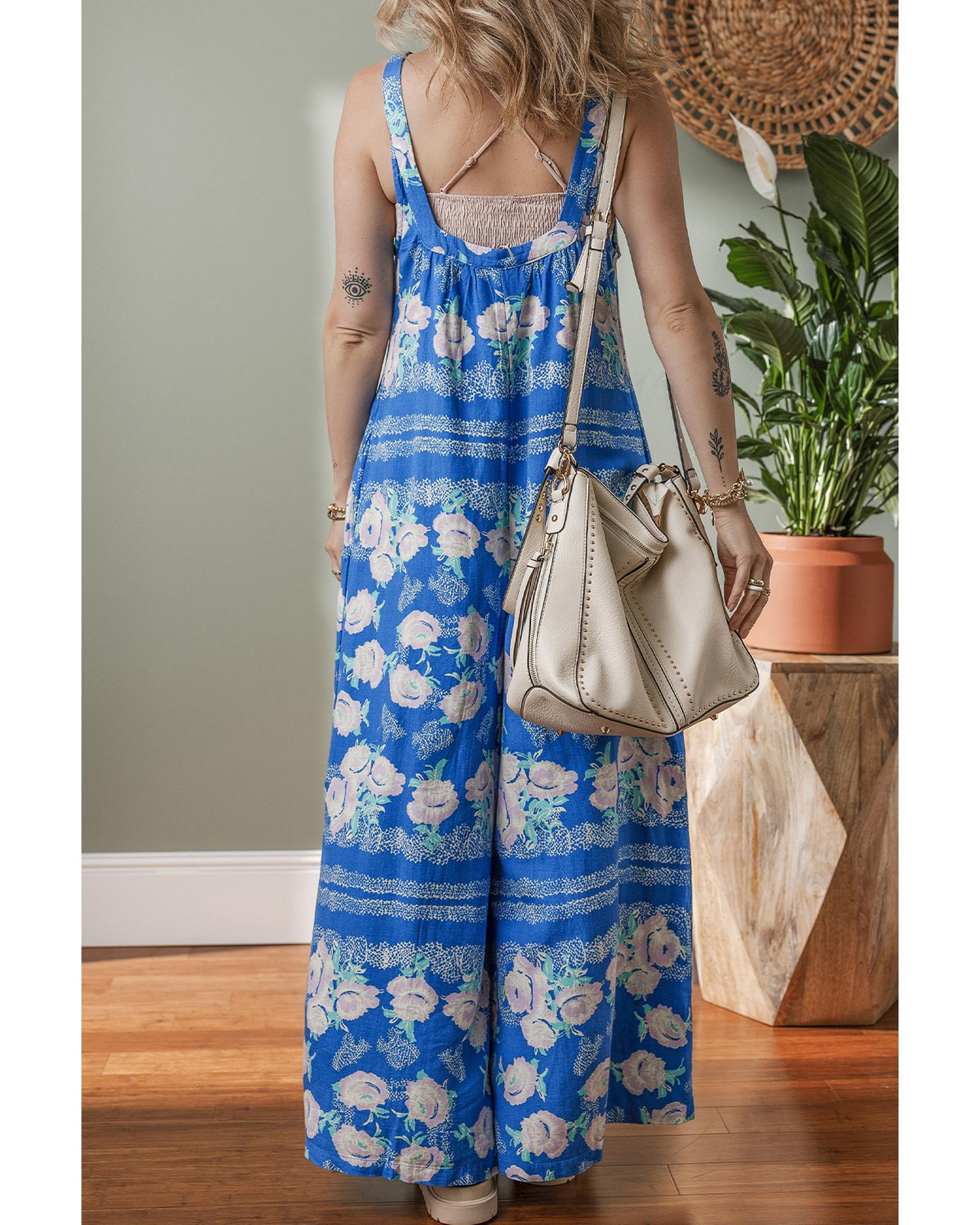 Blue Floral Print Wide Leg Sleeveless Jumpsuit - L