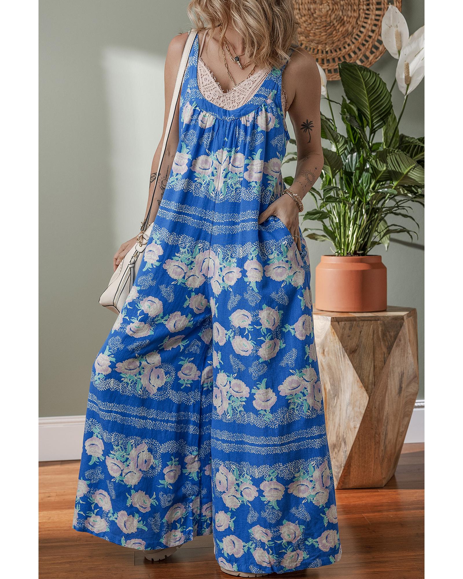 Blue Floral Print Wide Leg Sleeveless Jumpsuit - L 3
