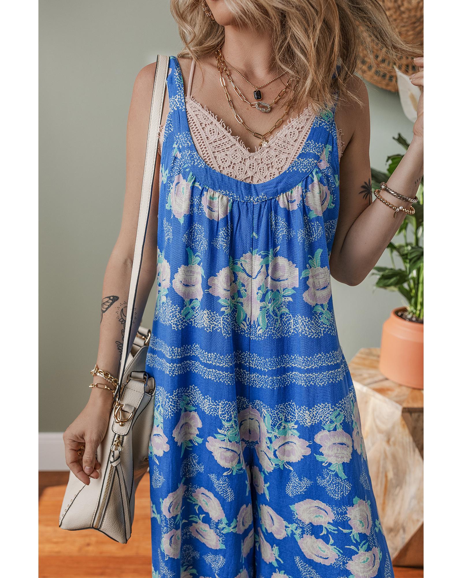 Blue Floral Print Wide Leg Sleeveless Jumpsuit - L 4