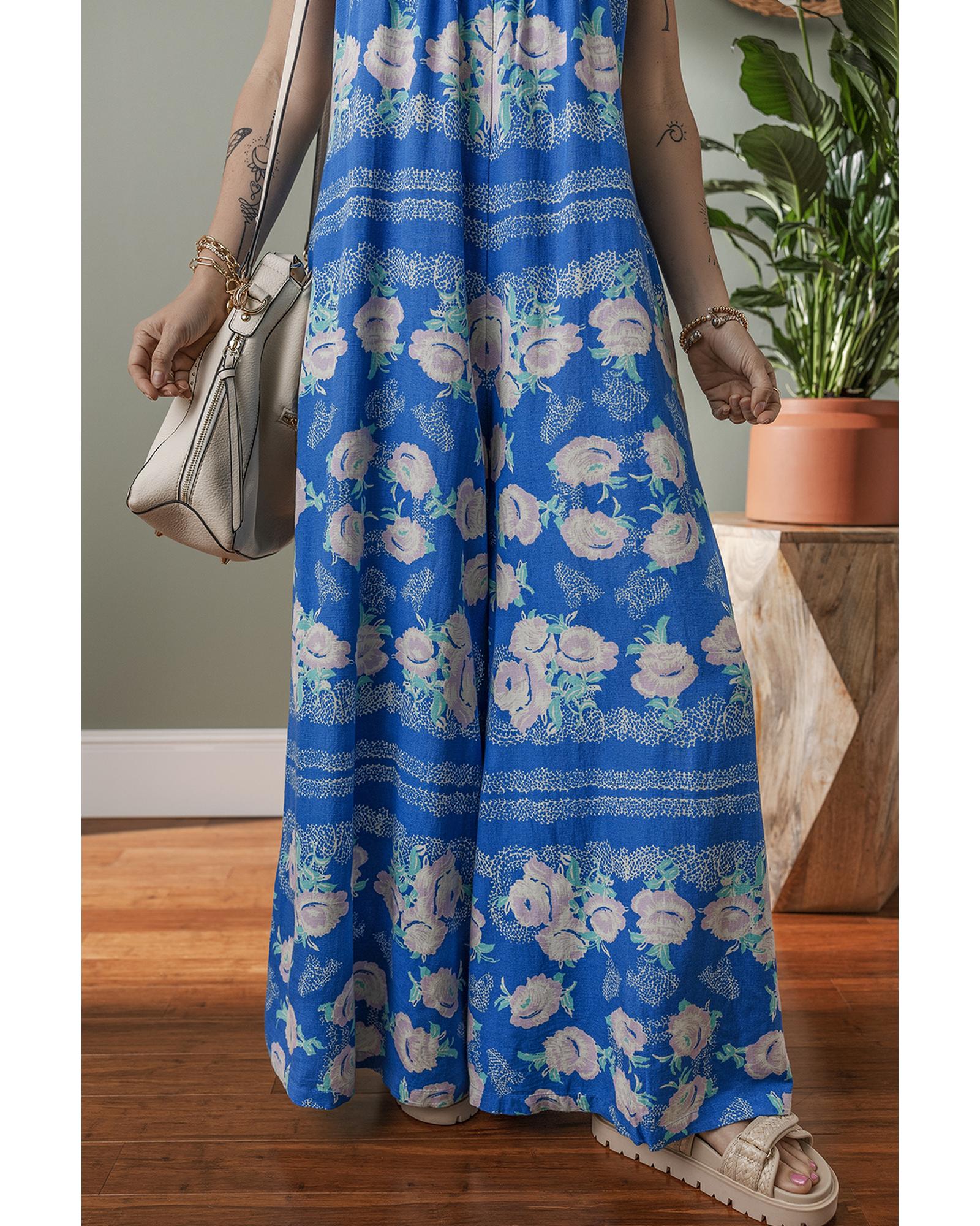 Blue Floral Print Wide Leg Sleeveless Jumpsuit - L 5