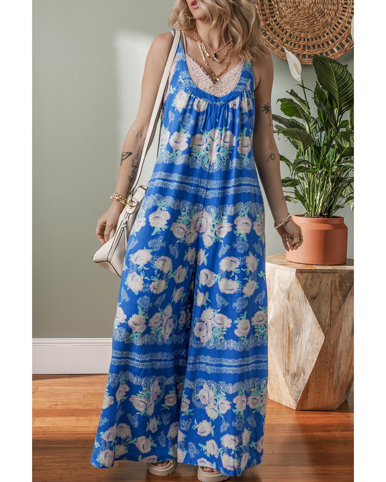 Blue Floral Print Wide Leg Sleeveless Jumpsuit - L 6