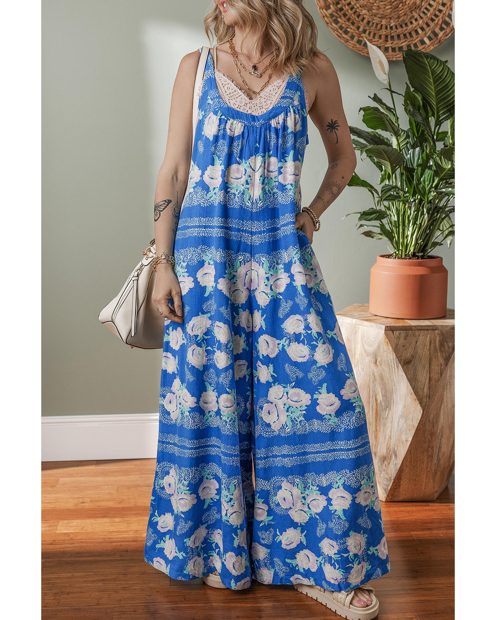 Blue Floral Print Wide Leg Sleeveless Jumpsuit - L 7