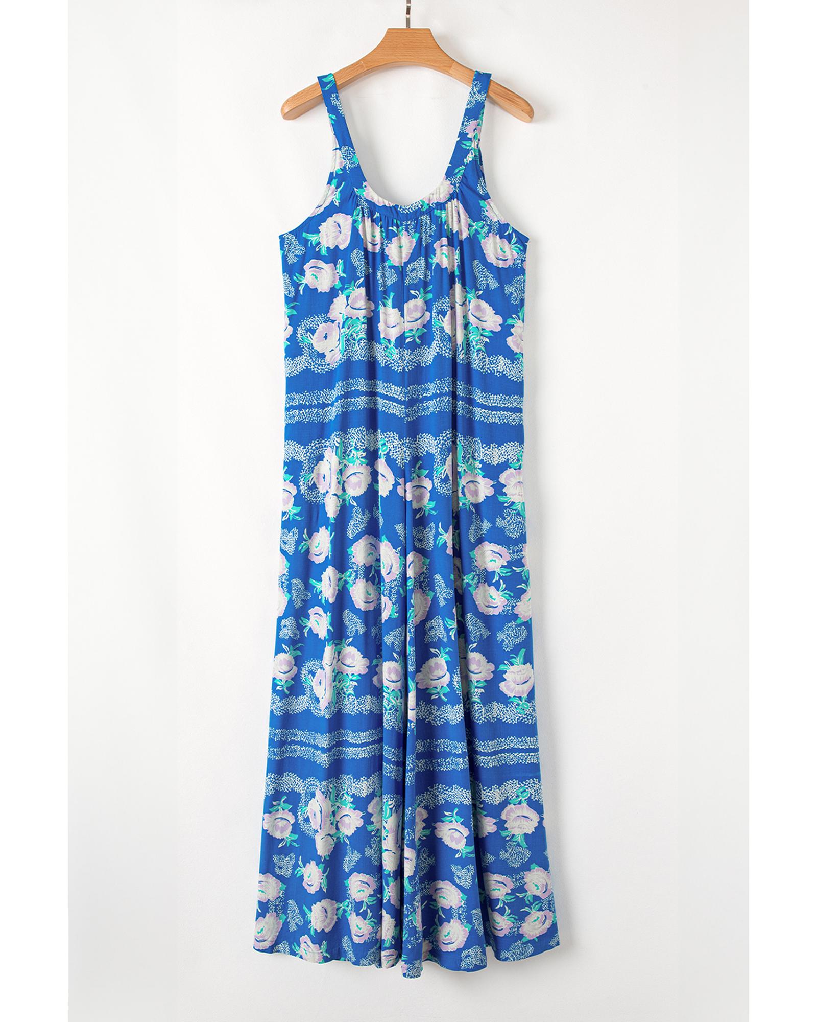 Blue Floral Print Wide Leg Sleeveless Jumpsuit - L 8