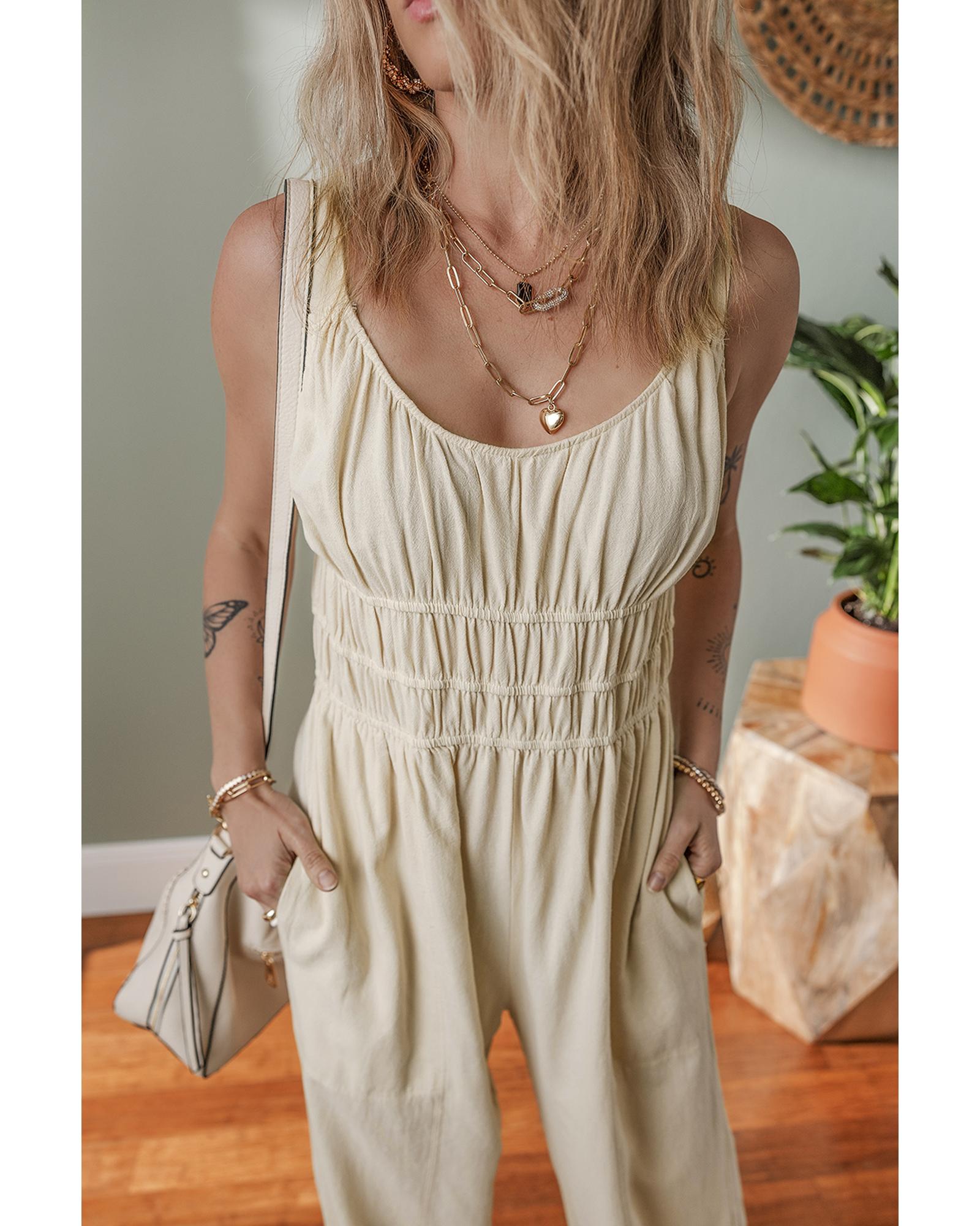 Beige Ruched High Waist Sleeveless Wide Leg Jumpsuit - L 5