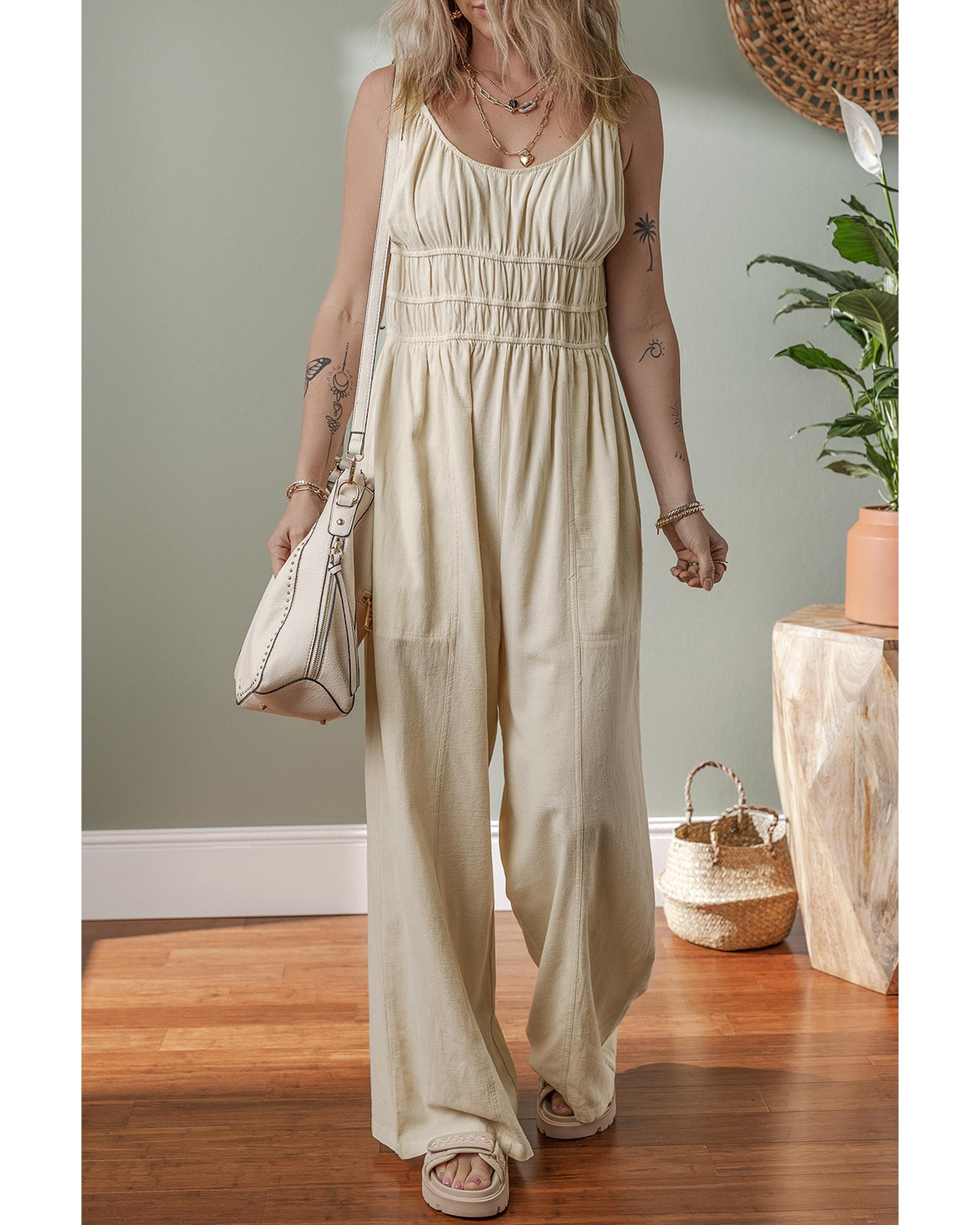 Beige Ruched High Waist Sleeveless Wide Leg Jumpsuit - M 3