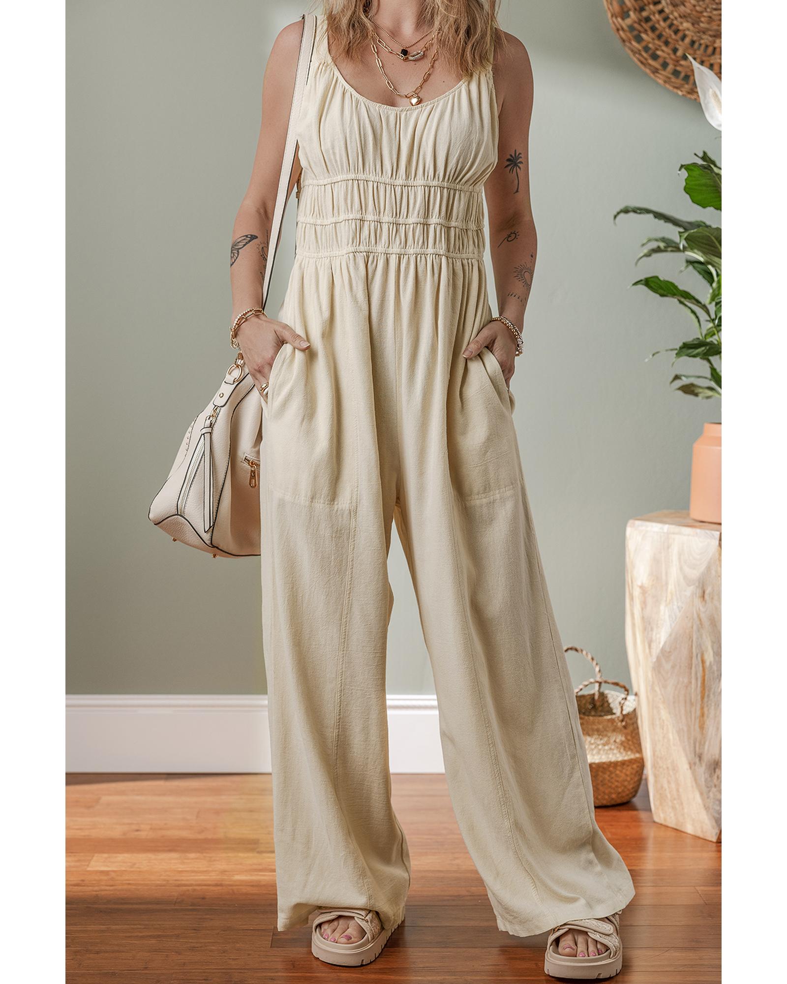 Beige Ruched High Waist Sleeveless Wide Leg Jumpsuit - M 4