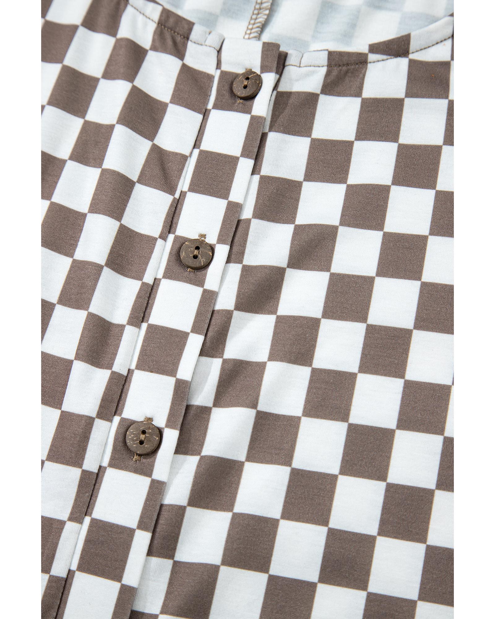 Khaki Checkered Print Buttoned Crew Neck Wide Leg Jumpsuit - S