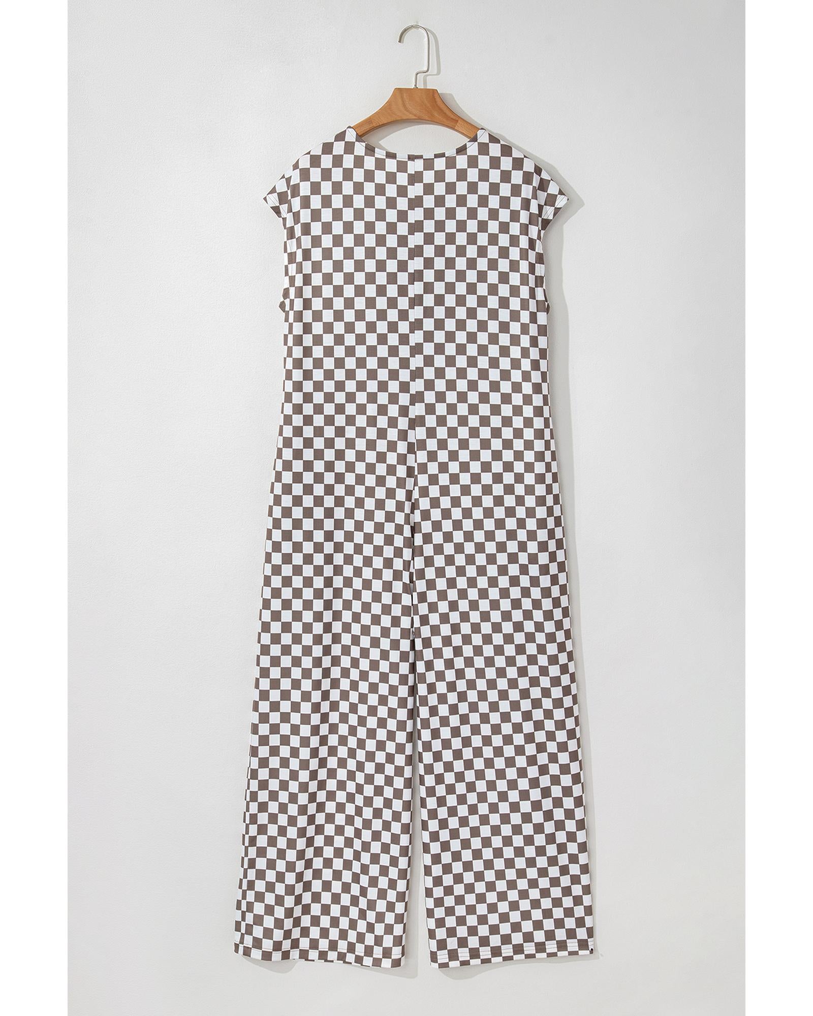 Khaki Checkered Print Buttoned Crew Neck Wide Leg Jumpsuit - S