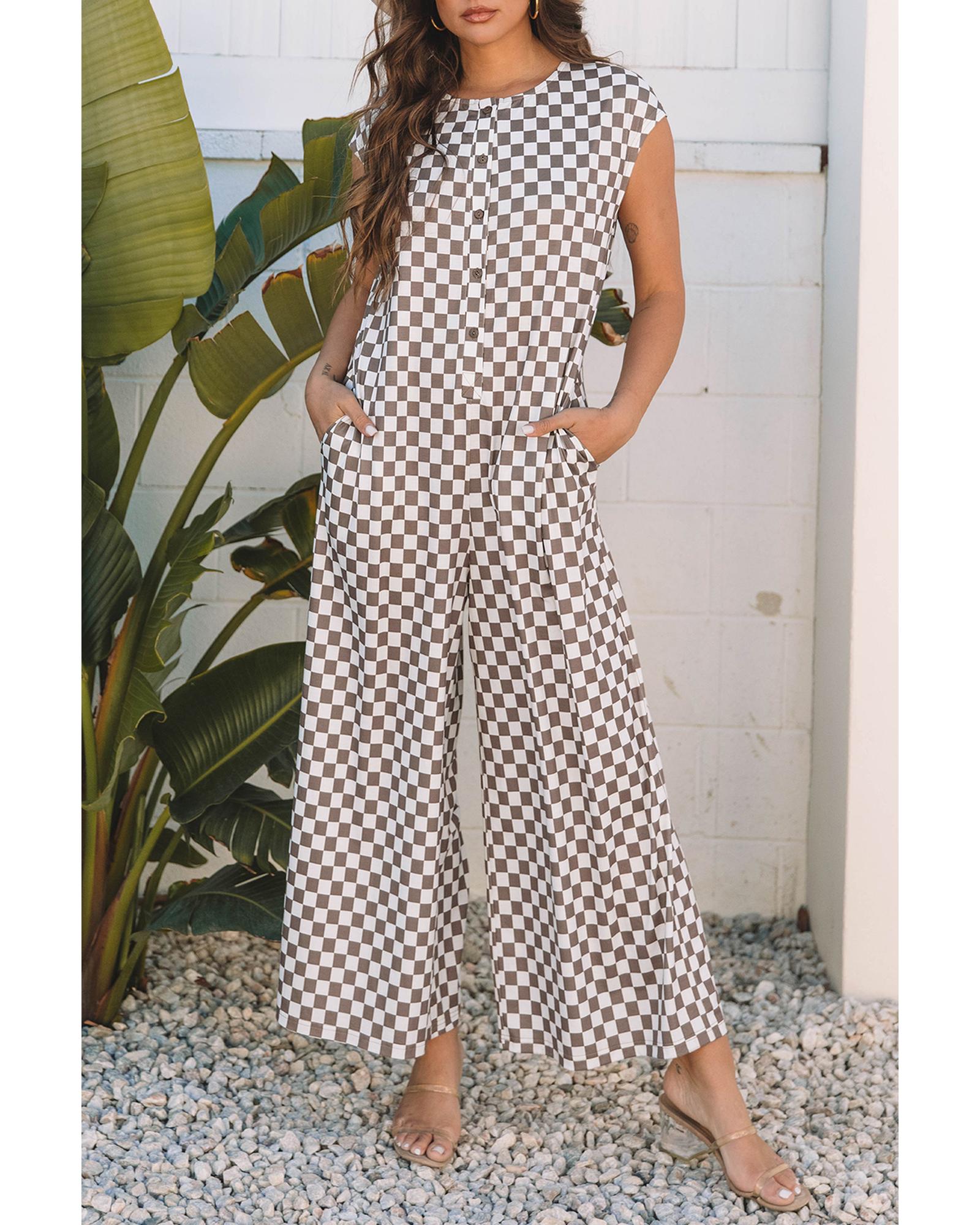 Khaki Checkered Print Buttoned Crew Neck Wide Leg Jumpsuit - S 3
