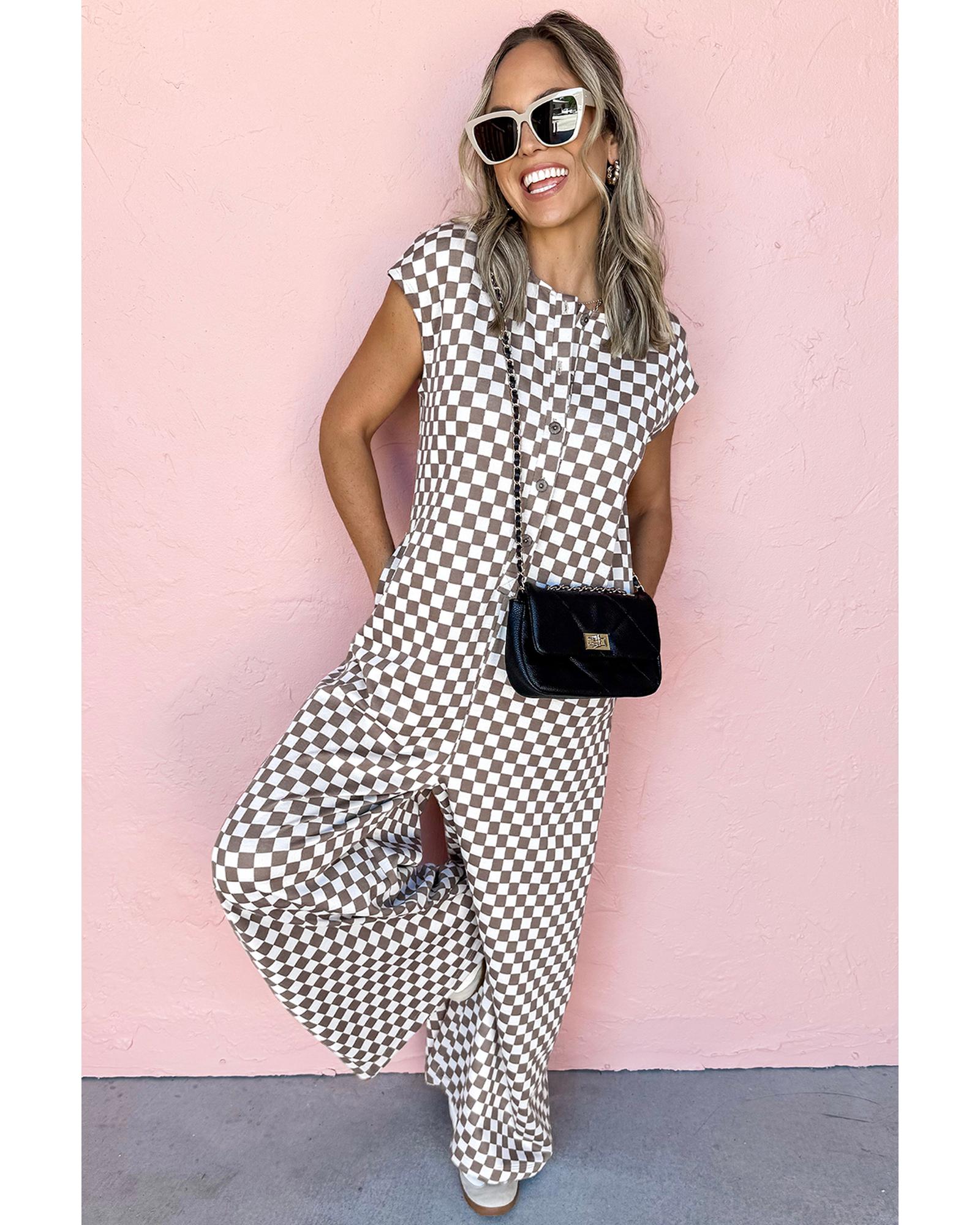 Khaki Checkered Print Buttoned Crew Neck Wide Leg Jumpsuit - S 5