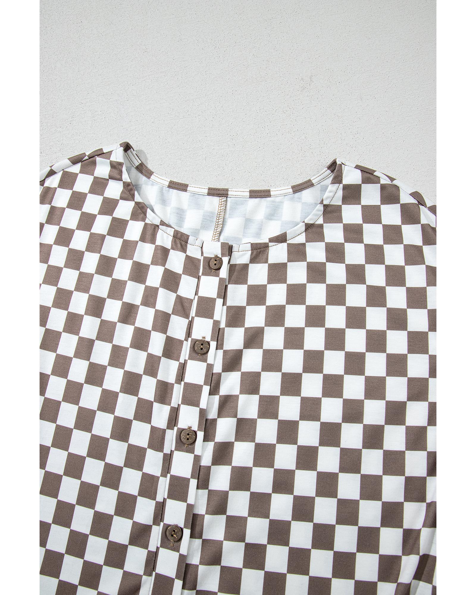 Khaki Checkered Print Buttoned Crew Neck Wide Leg Jumpsuit - S 6