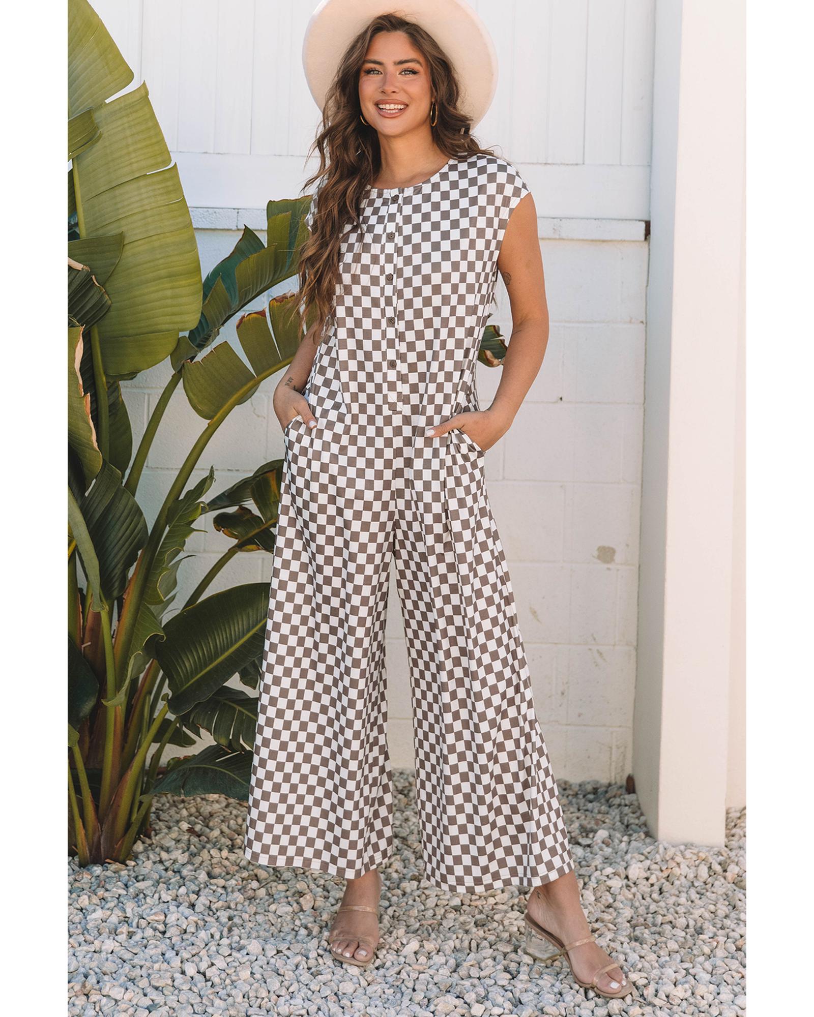 Khaki Checkered Print Buttoned Crew Neck Wide Leg Jumpsuit - S 7