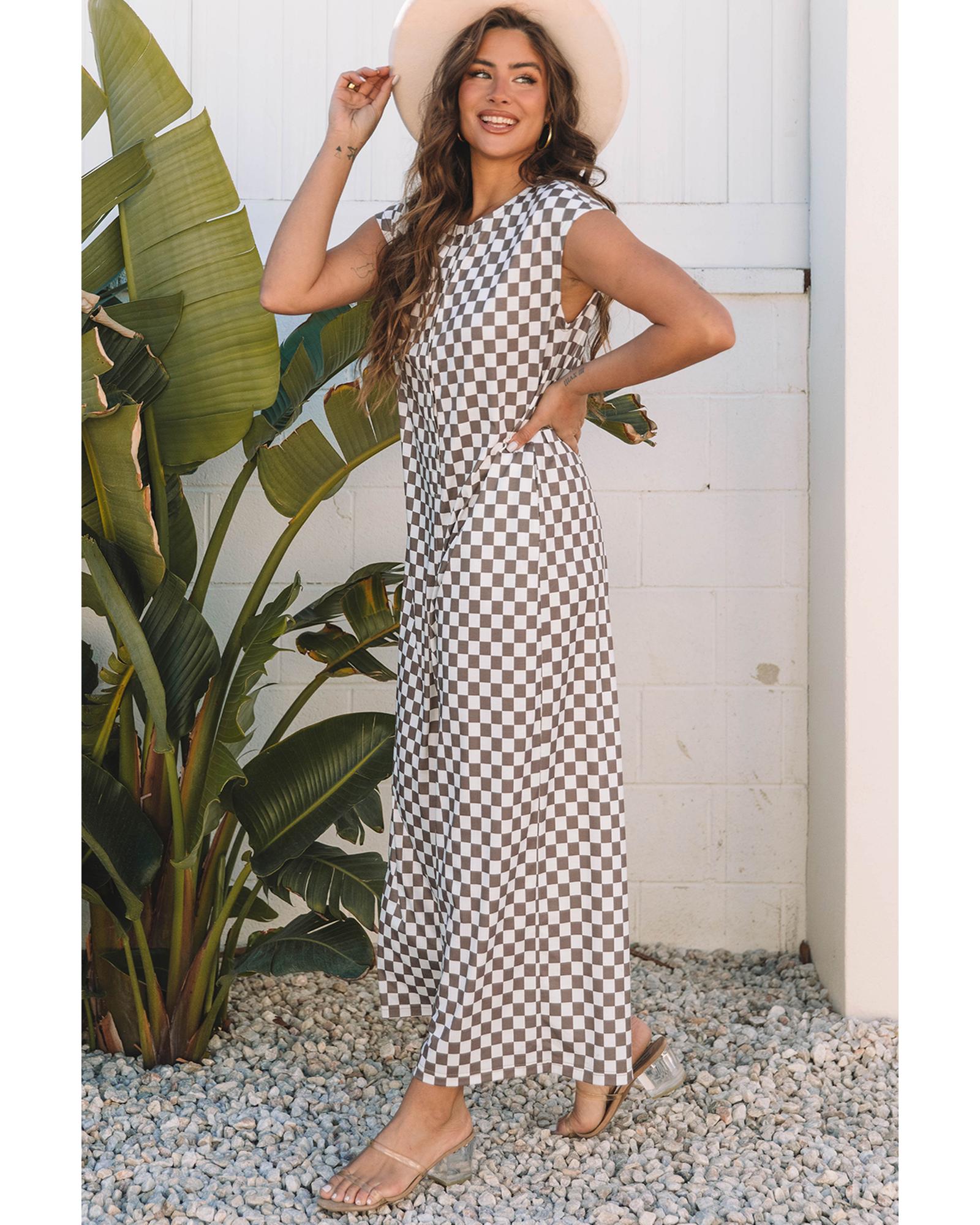 Khaki Checkered Print Buttoned Crew Neck Wide Leg Jumpsuit - S 8