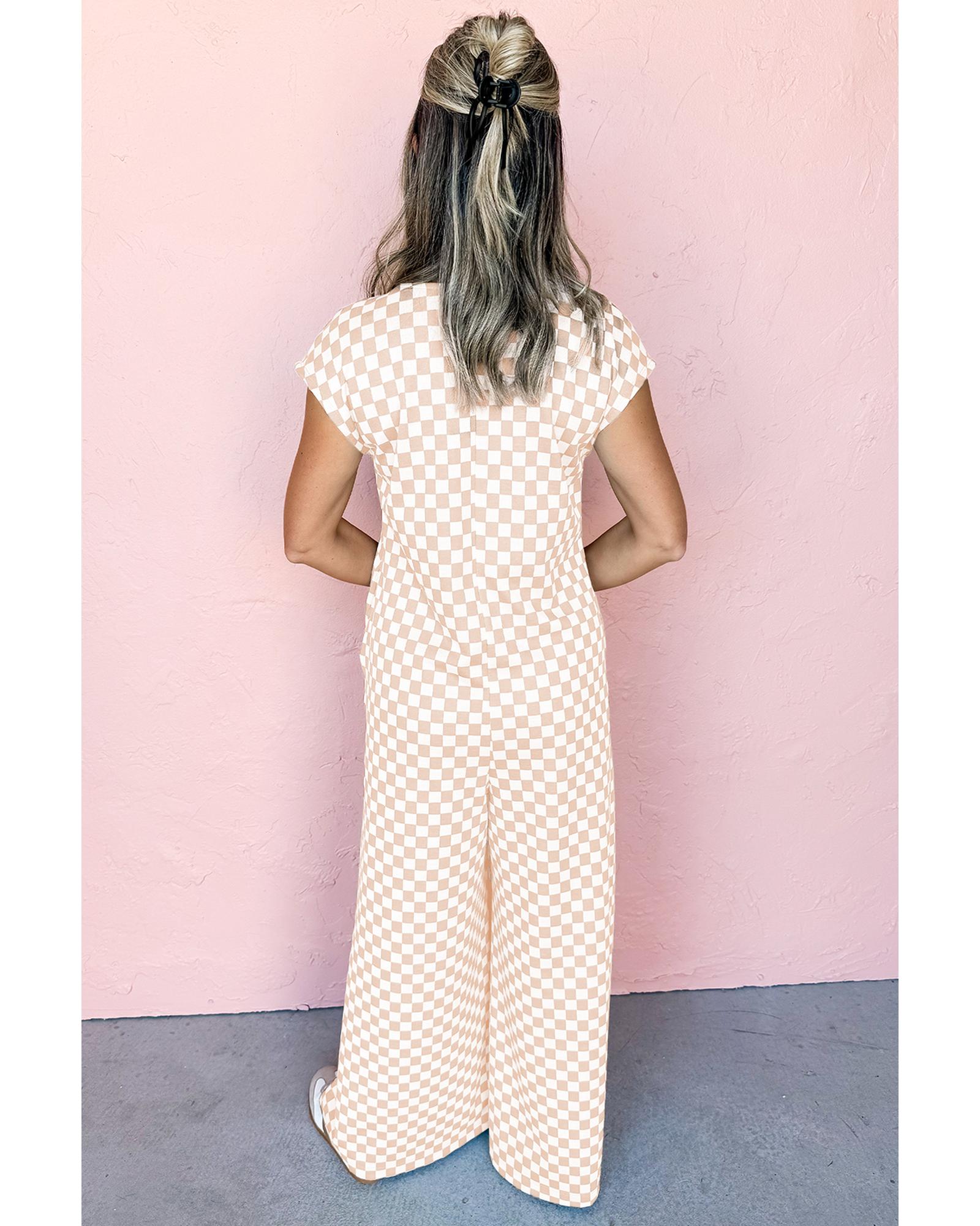 Apricot Checkered Print Buttoned Crew Neck Wide Leg Jumpsuit - XL