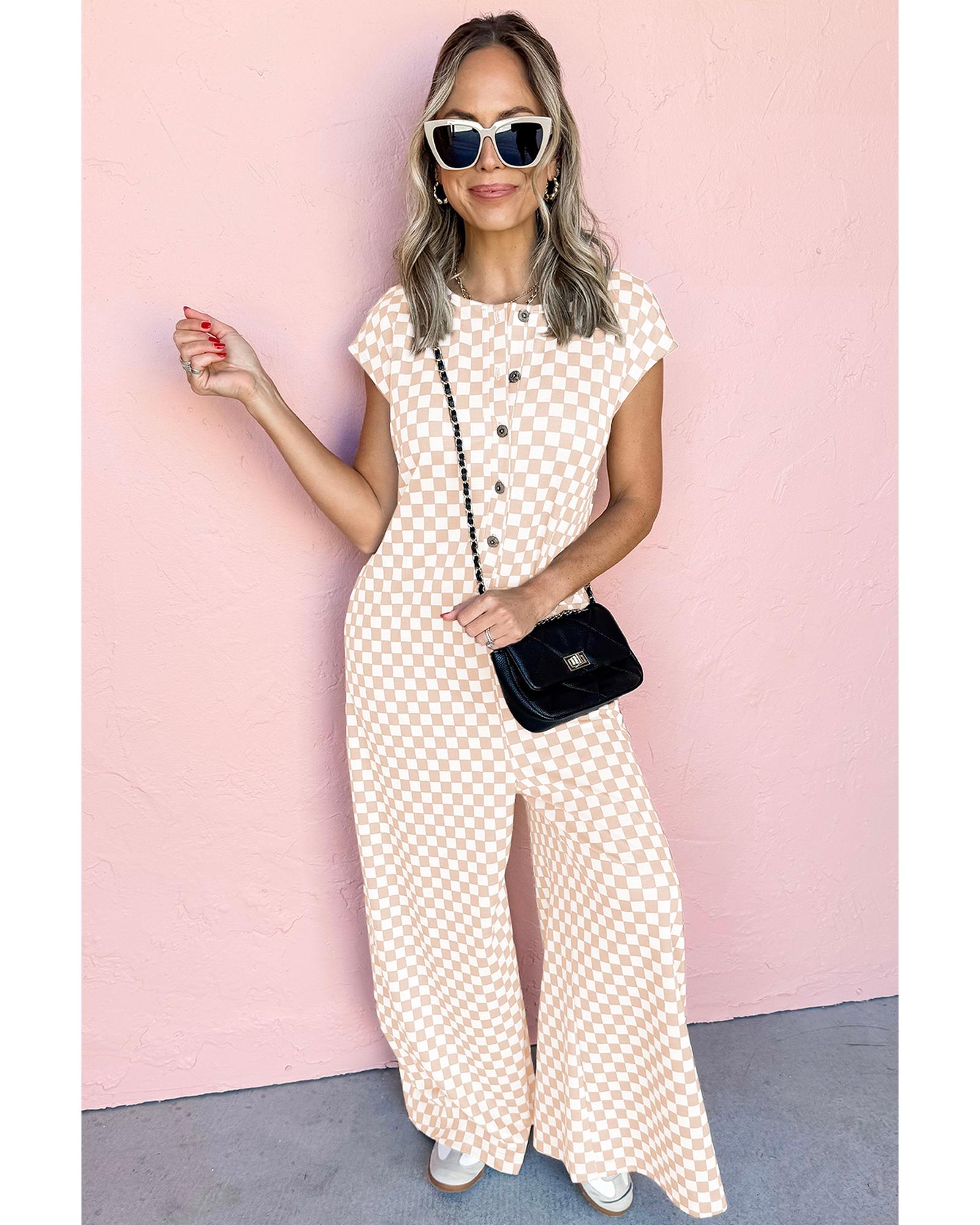 Apricot Checkered Print Buttoned Crew Neck Wide Leg Jumpsuit - XL 3