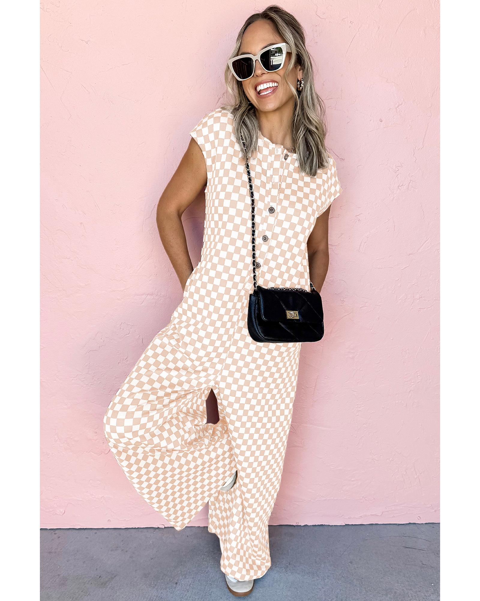 Apricot Checkered Print Buttoned Crew Neck Wide Leg Jumpsuit - XL 4