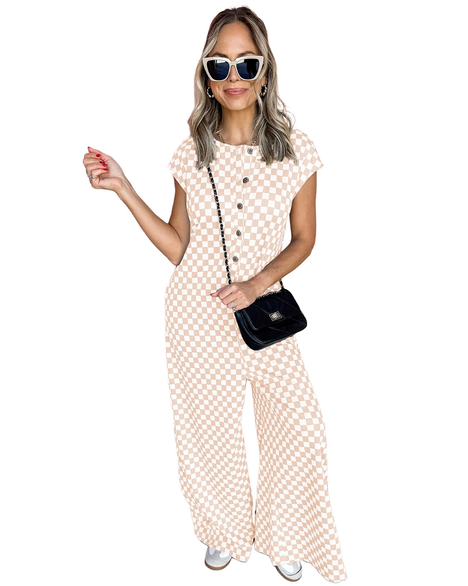 Apricot Checkered Print Buttoned Crew Neck Wide Leg Jumpsuit - XL 5