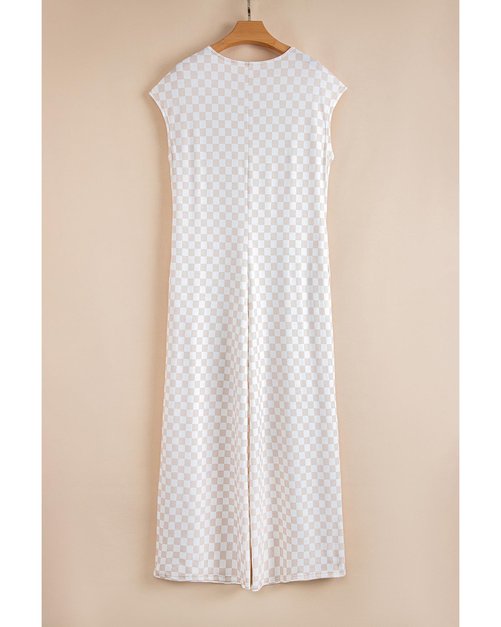 Apricot Checkered Print Buttoned Crew Neck Wide Leg Jumpsuit - XL 6
