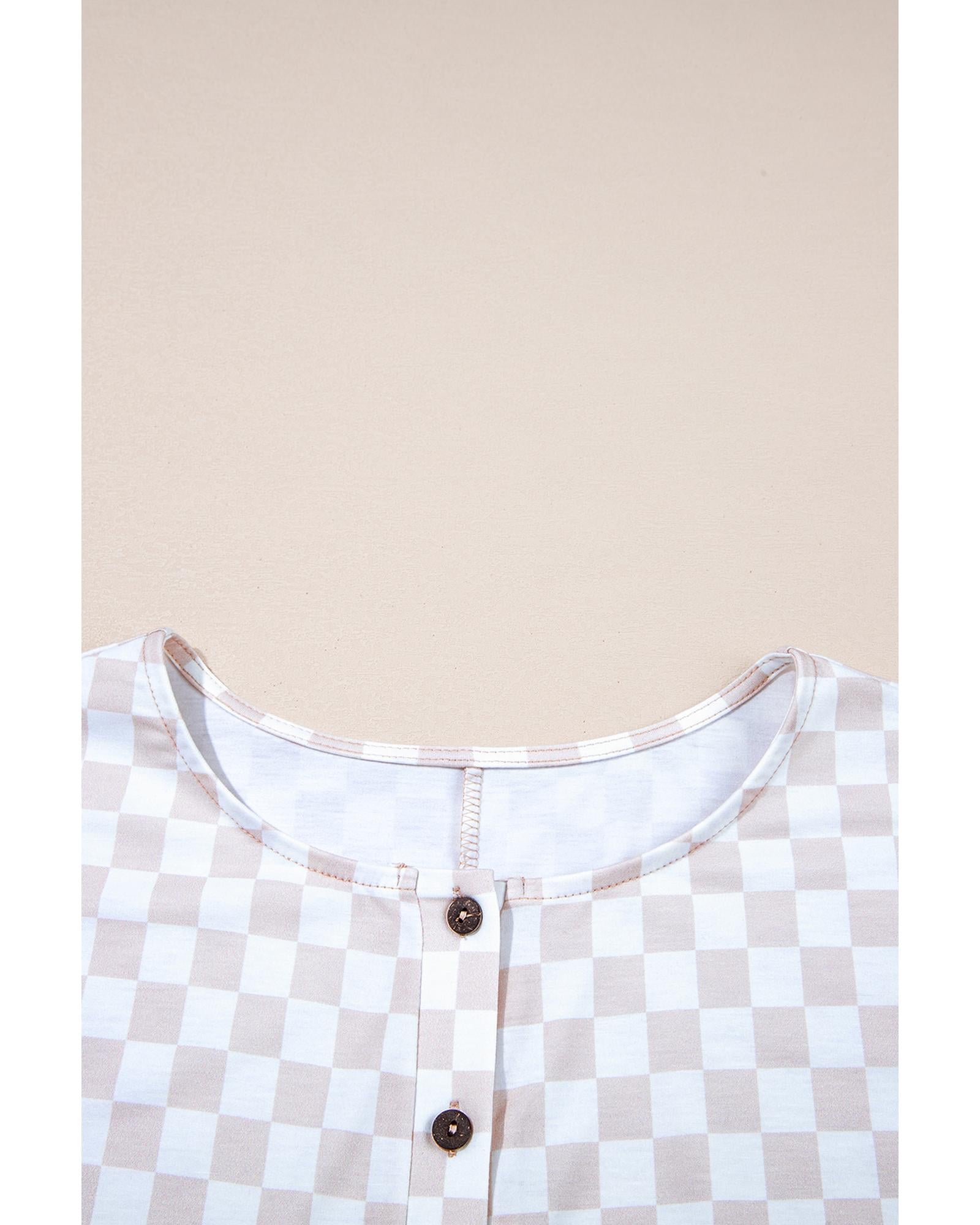 Apricot Checkered Print Buttoned Crew Neck Wide Leg Jumpsuit - XL 7