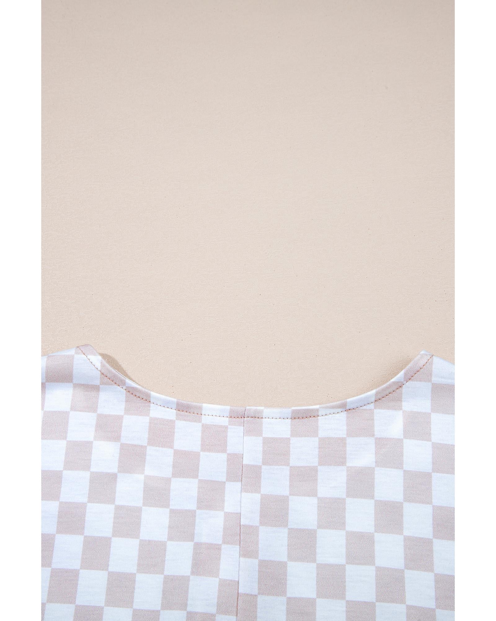 Apricot Checkered Print Buttoned Crew Neck Wide Leg Jumpsuit - XL 8