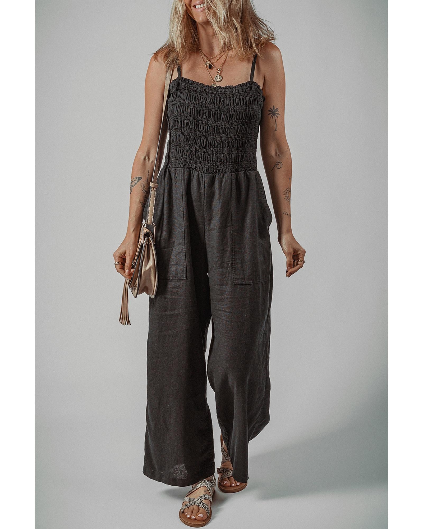 Black Spaghetti Straps Shirred Bodice Pocketed Wide Leg Jumpsuit - L 3