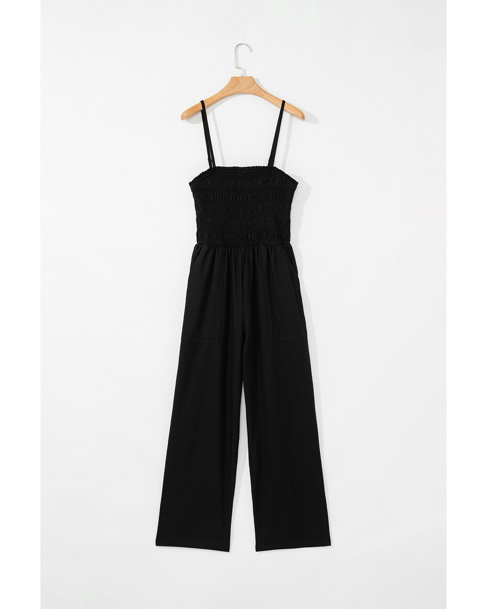 Black Spaghetti Straps Shirred Bodice Pocketed Wide Leg Jumpsuit - L 6