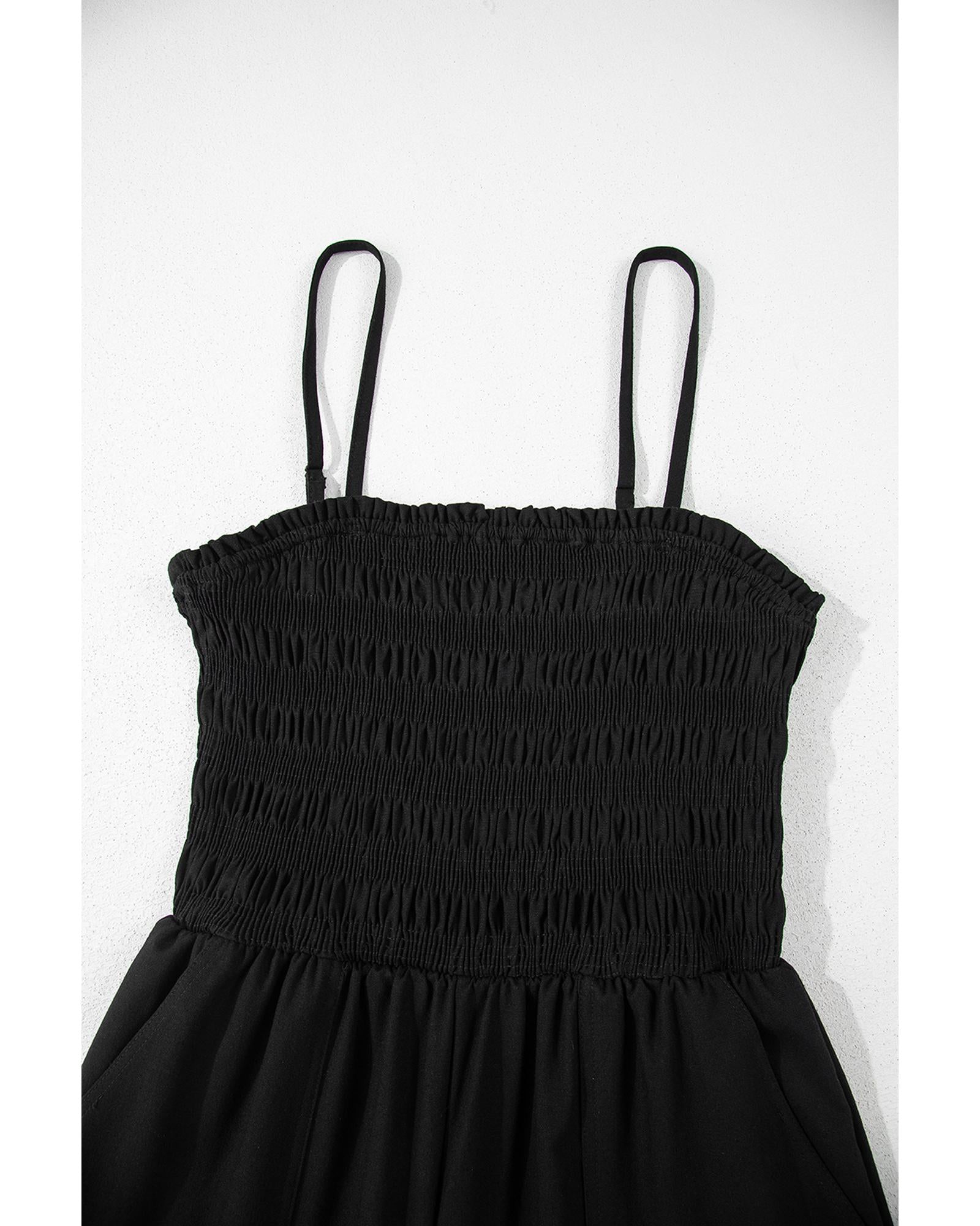 Black Spaghetti Straps Shirred Bodice Pocketed Wide Leg Jumpsuit - L 8
